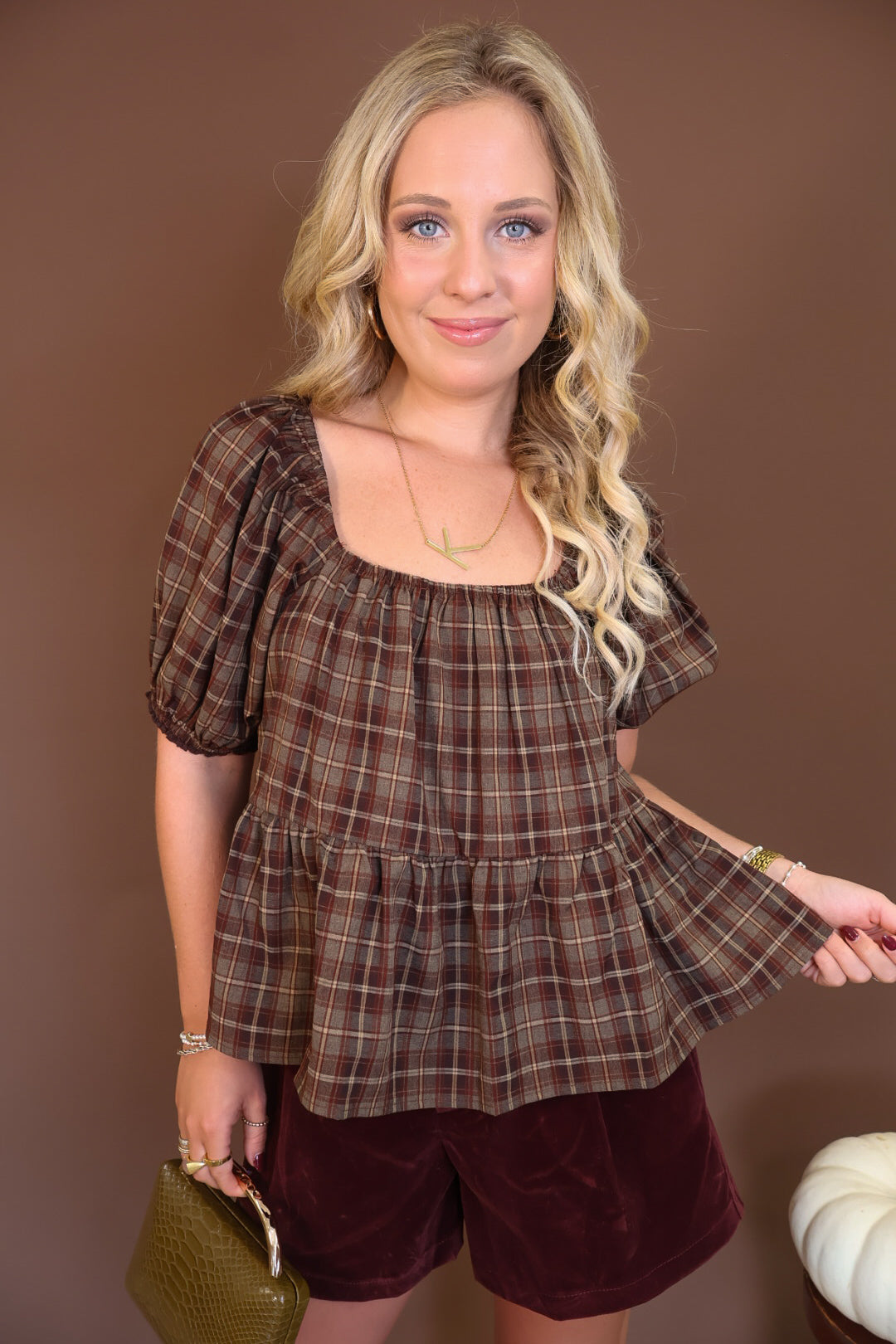 Brown Plaid Puff Sleeve Babydoll Top — front view showing gathered hem.