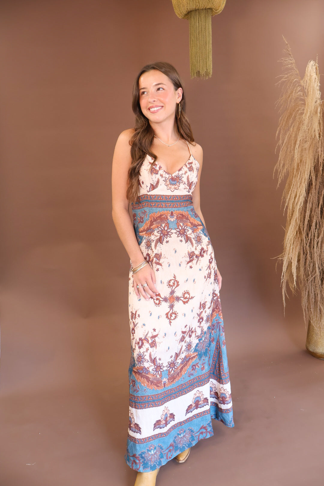 Cream border print boho maxi dress with open back