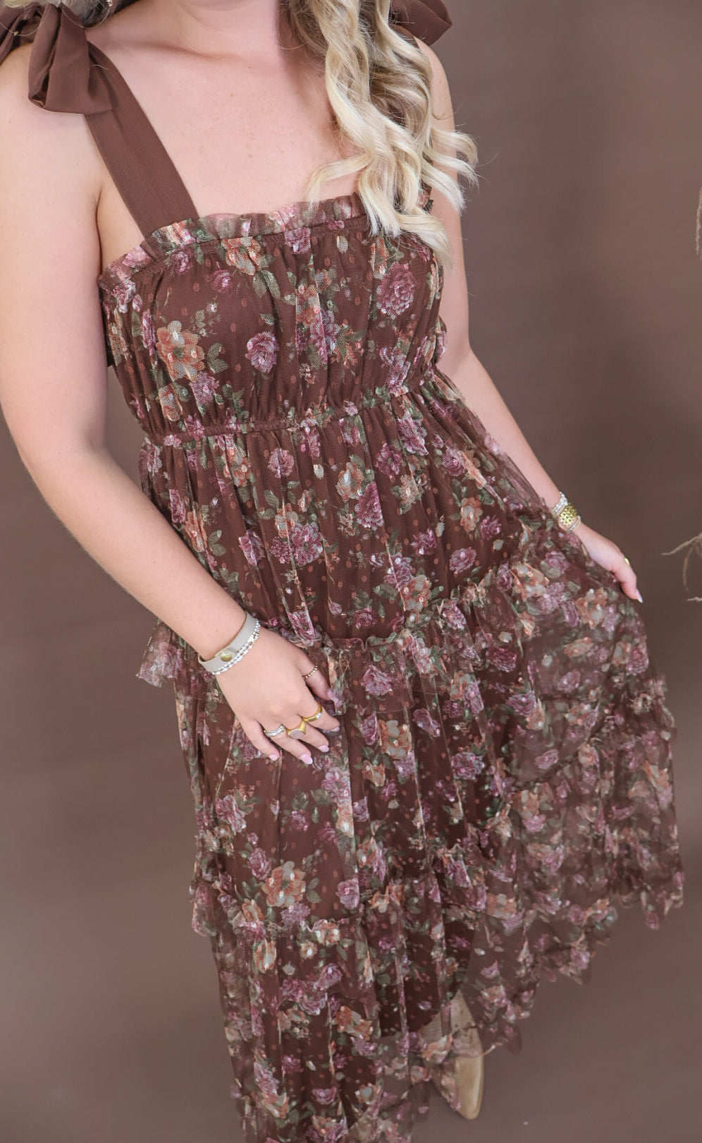 Chocolate floral mesh tiered midi dress with shoulder ties and smocked back
