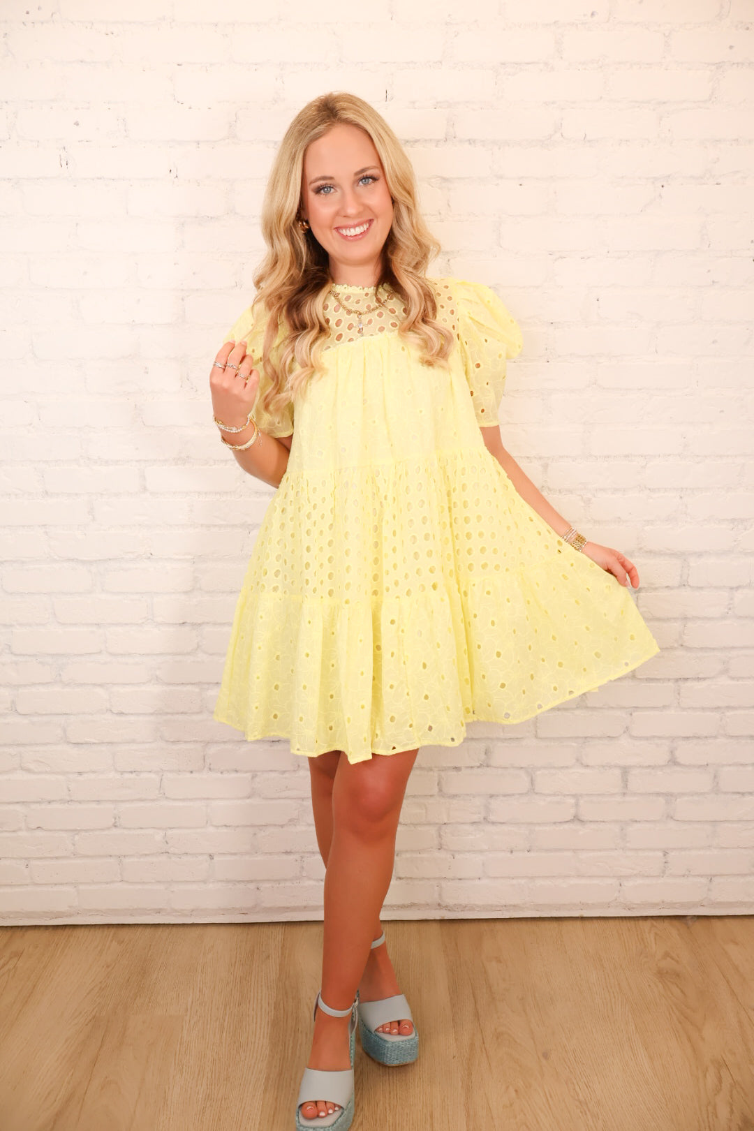Lemon Eyelet Tiered Dress