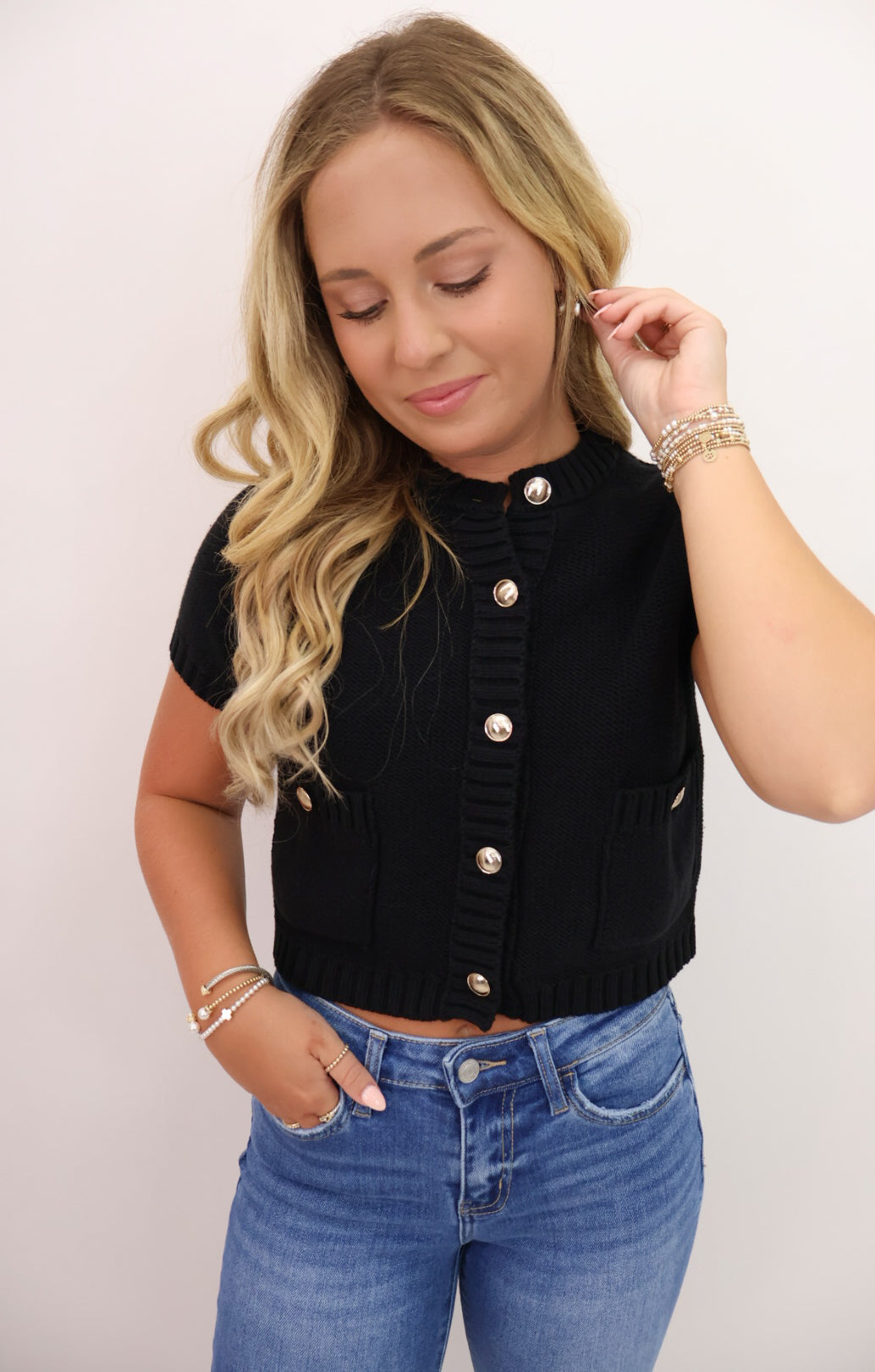 Gold Button Front Knit Cardigan Top - Black