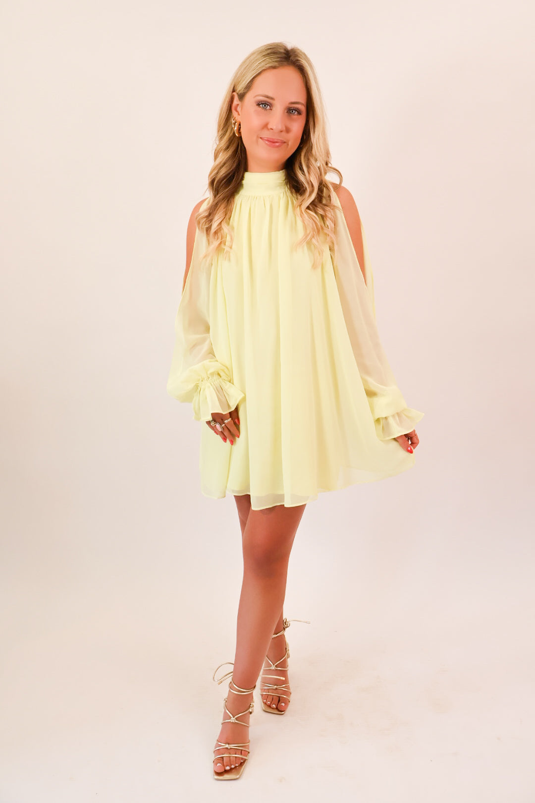 Citron Open Shoulder Chiffon Mini Dress