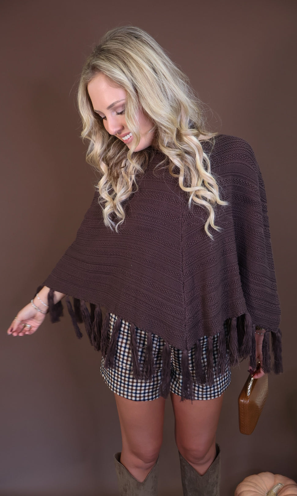 Chocolate Brown Crochet Fringe Poncho Top — side view showing wide poncho drape.