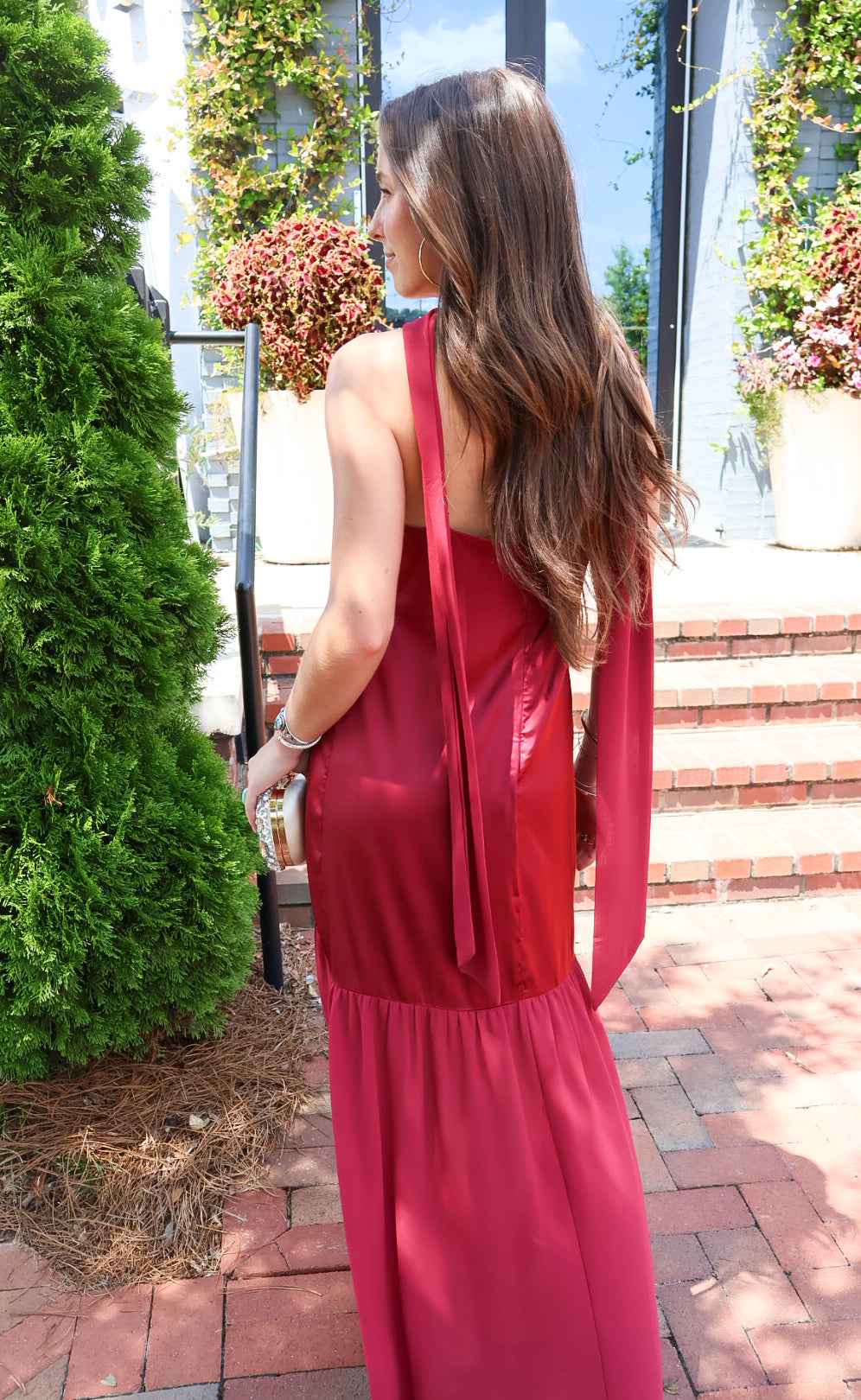 Burgundy satin slip maxi dress with adjustable straps and a detachable neck scarf