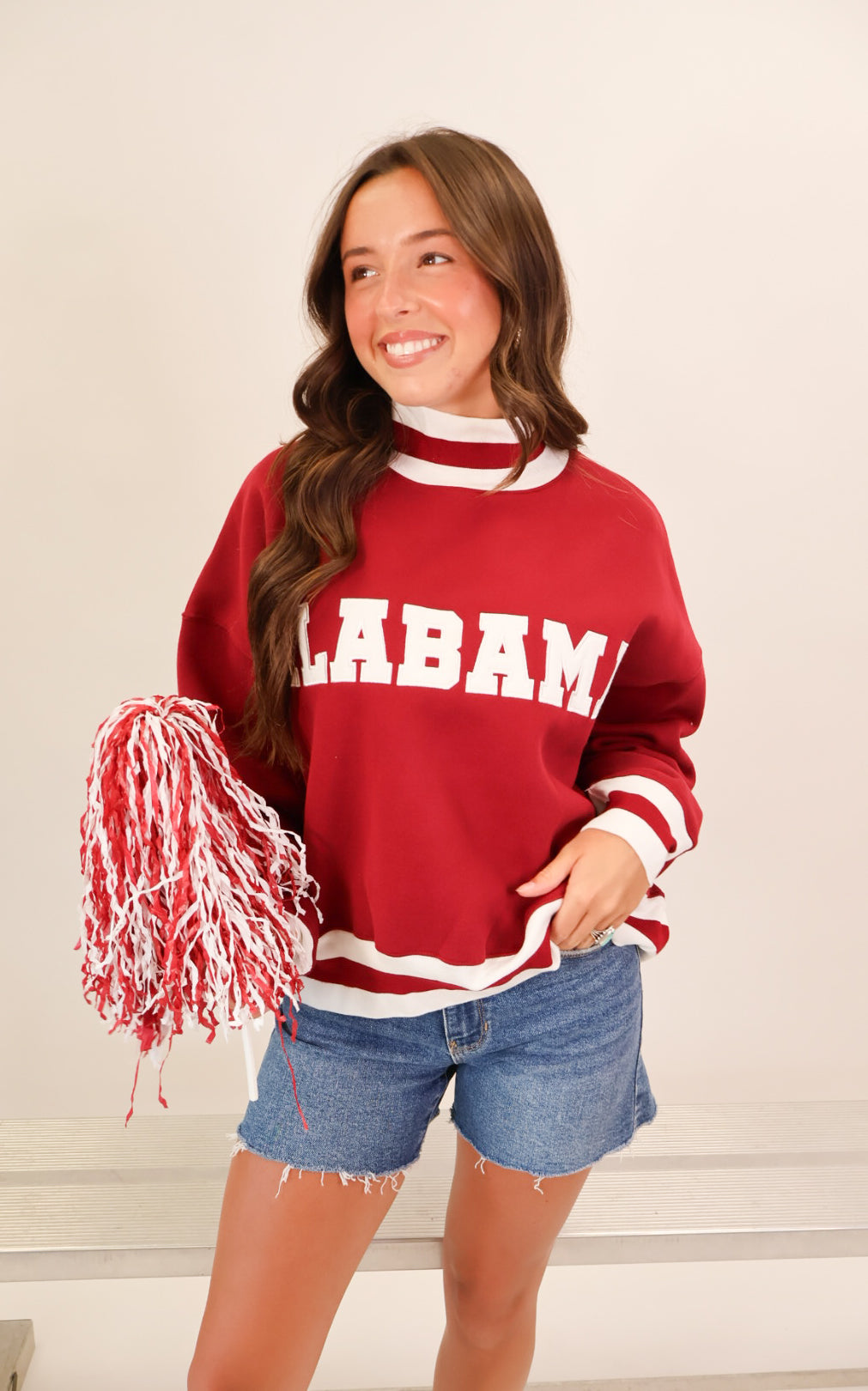 Crimson Alabama varsity mockneck pullover with white appliqué lettering — view 7