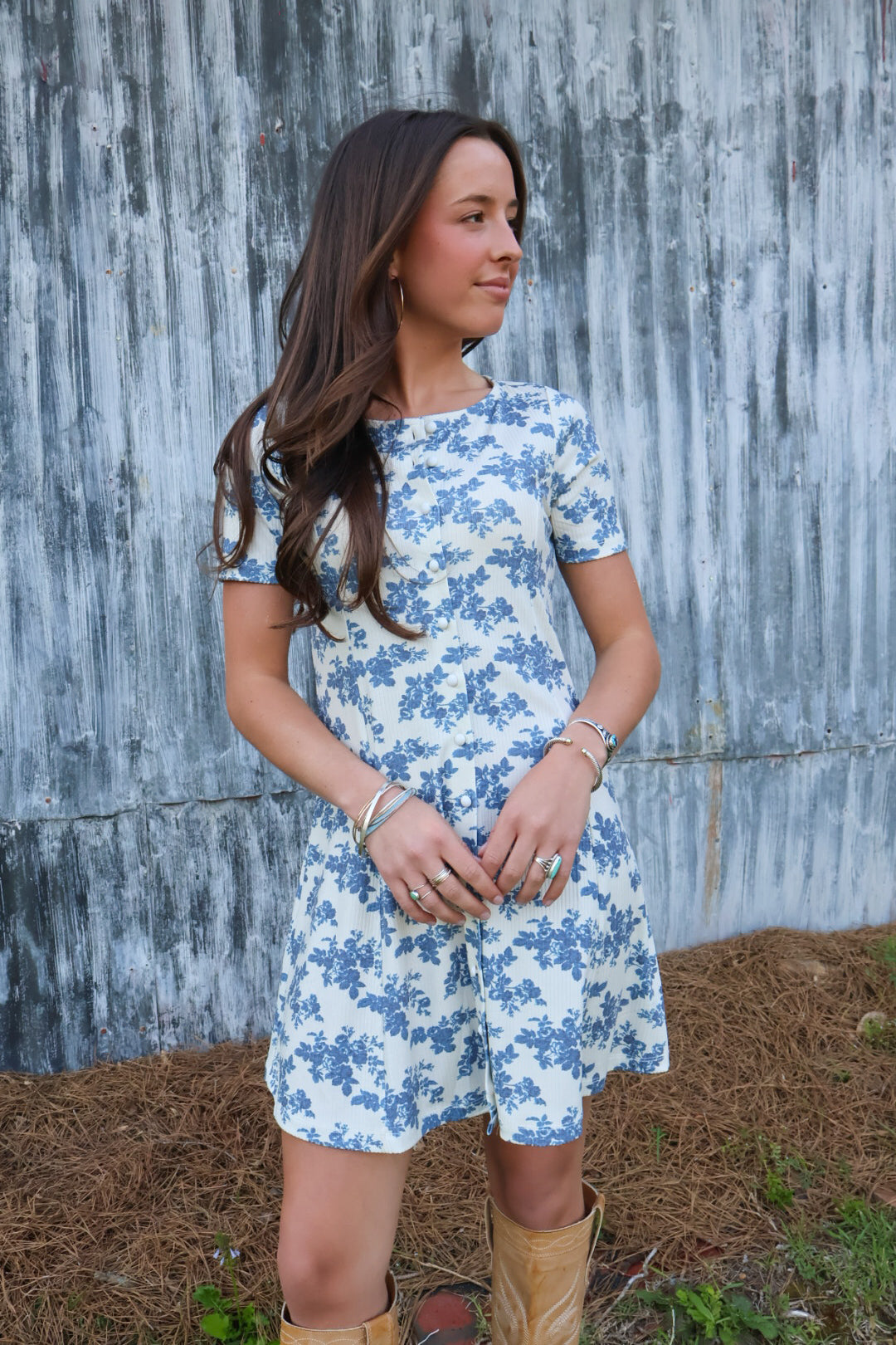 Blue Floral Button Front Mini Dress