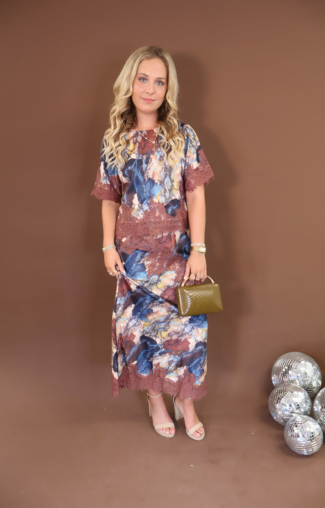 Satin Snakeskin Crop Top & Midi Skirt Set with Lace Trim