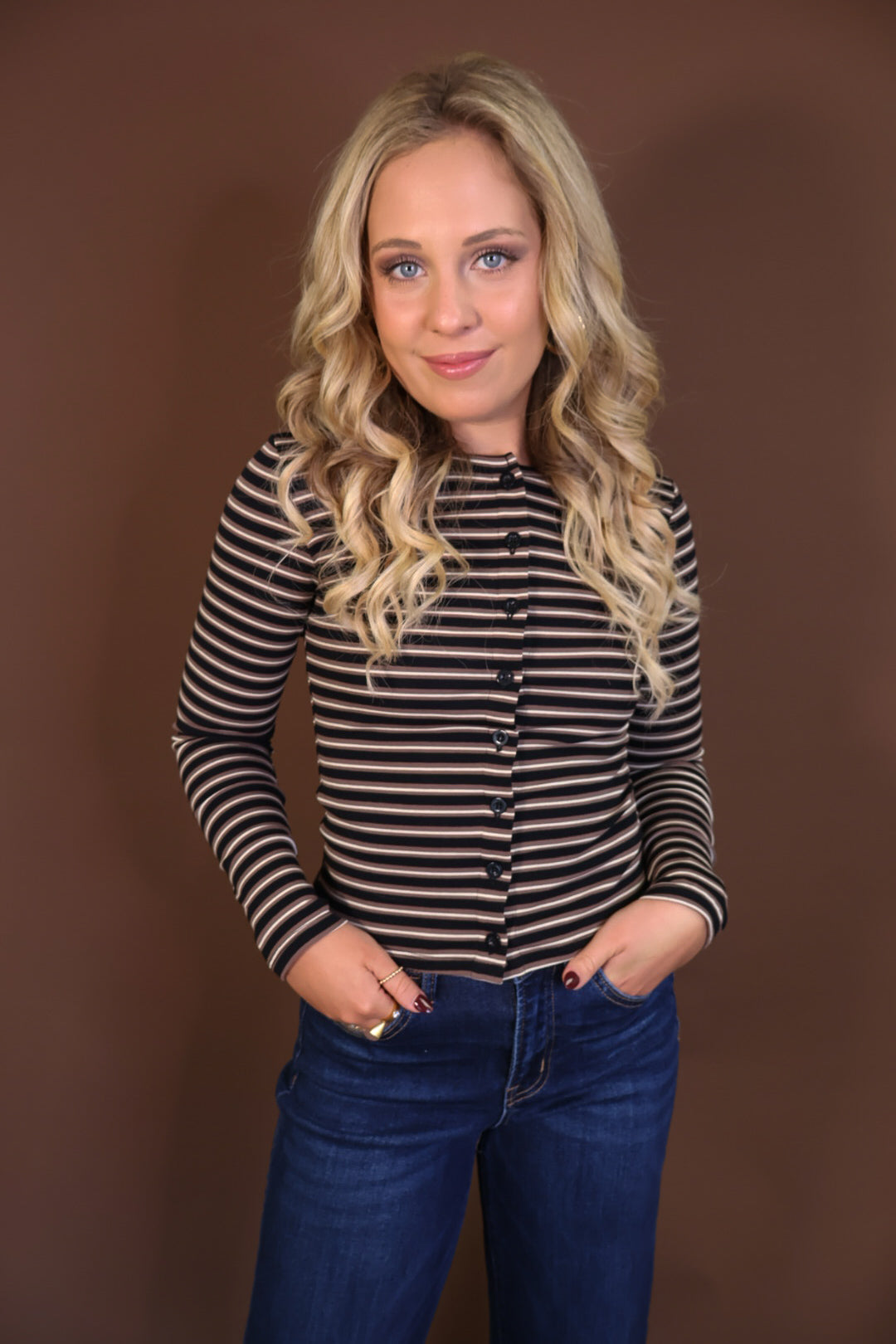 Black Striped Fitted Button-Front Top — front view with jeans.