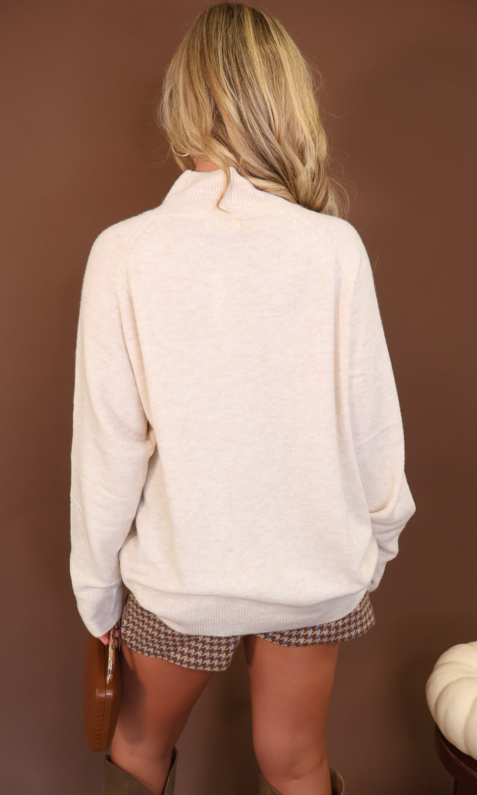 Oatmeal Mock Neck Tunic Sweater — back view.