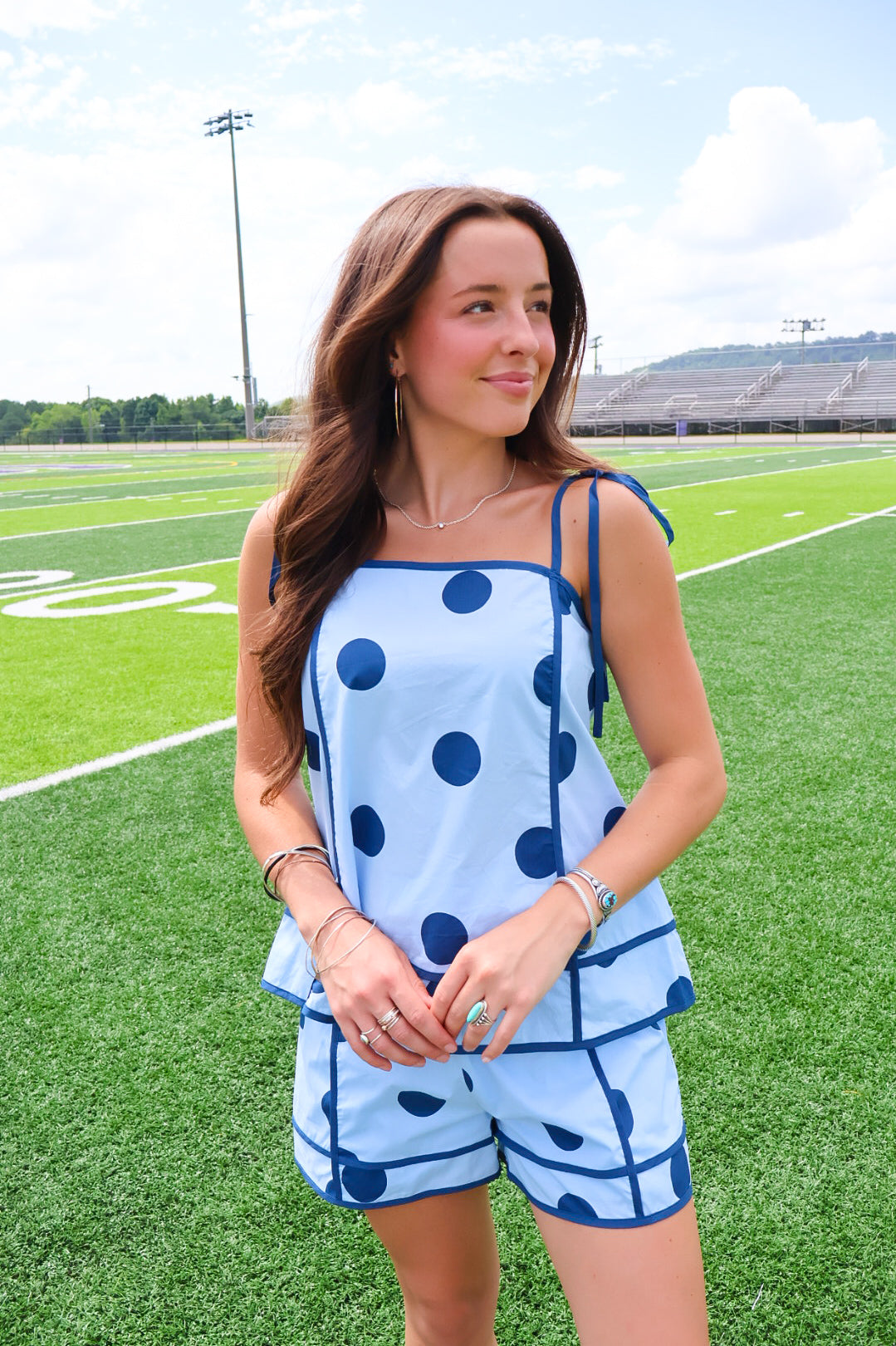 Light Blue Polka Dot Tie-Strap Top and Shorts Set