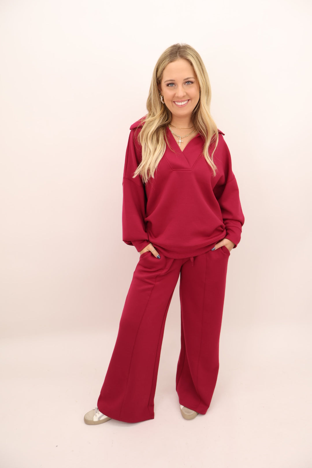 Scuba V-Neck Pullover and Pants Set - Cabernet