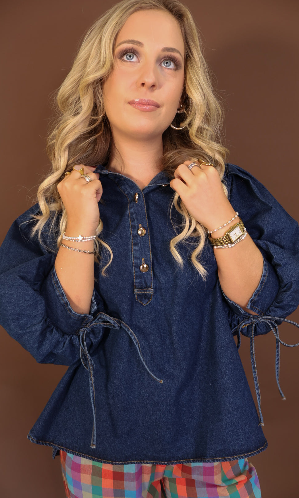 Dark Denim Balloon Sleeve Top — close-up of collar and button placket.