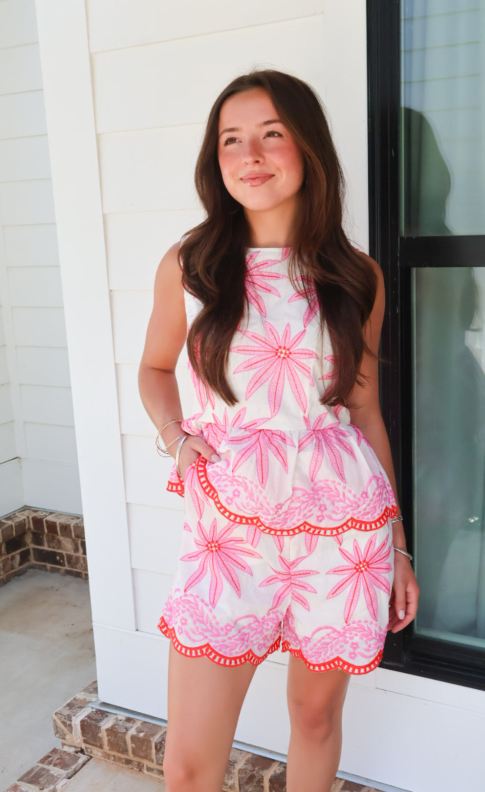 Pink Embroidered Peplum Top & Shorts Set