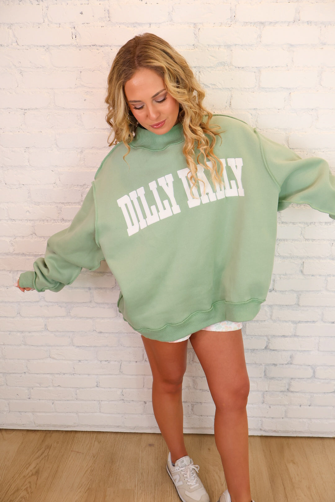 Dilly Dally Embroidered Oversized Mockneck Pullover - Sage