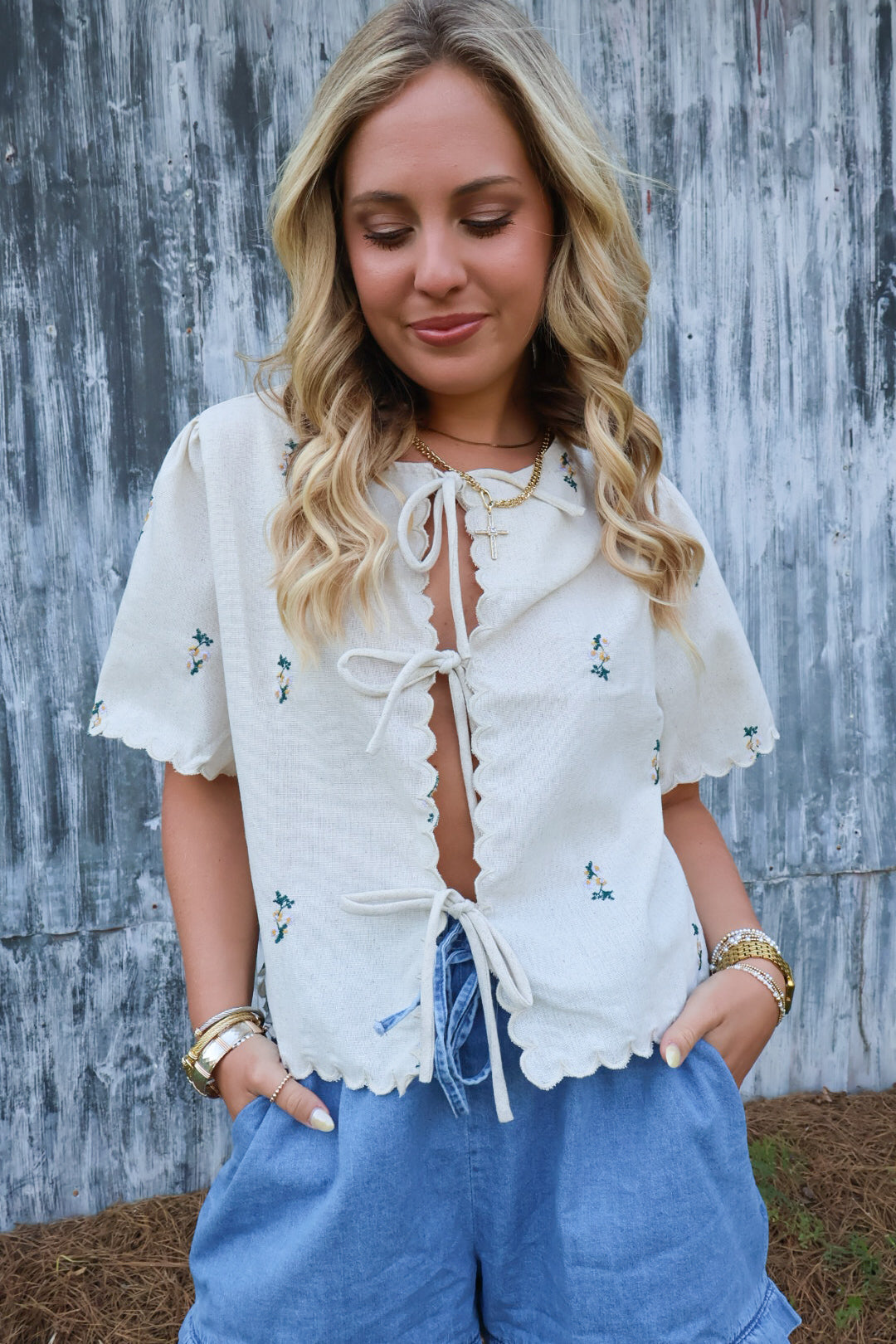 Oatmeal Floral Embroidered Tie Front Top