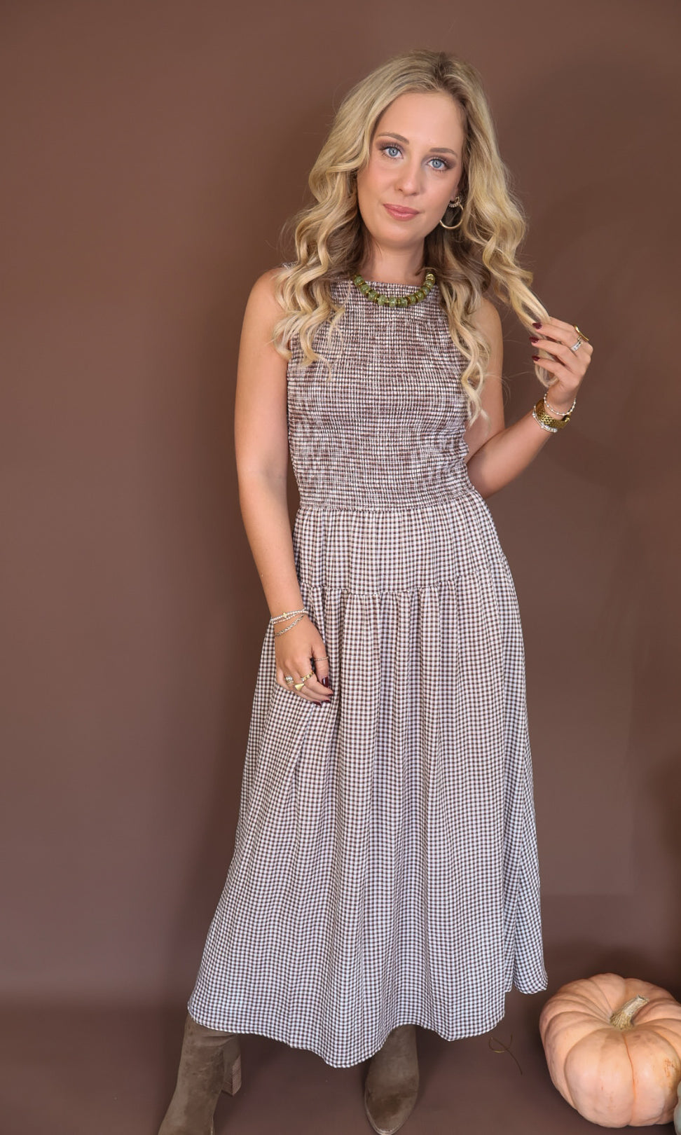 Brown Gingham Smocked Sleeveless Midi Dress — full front view.