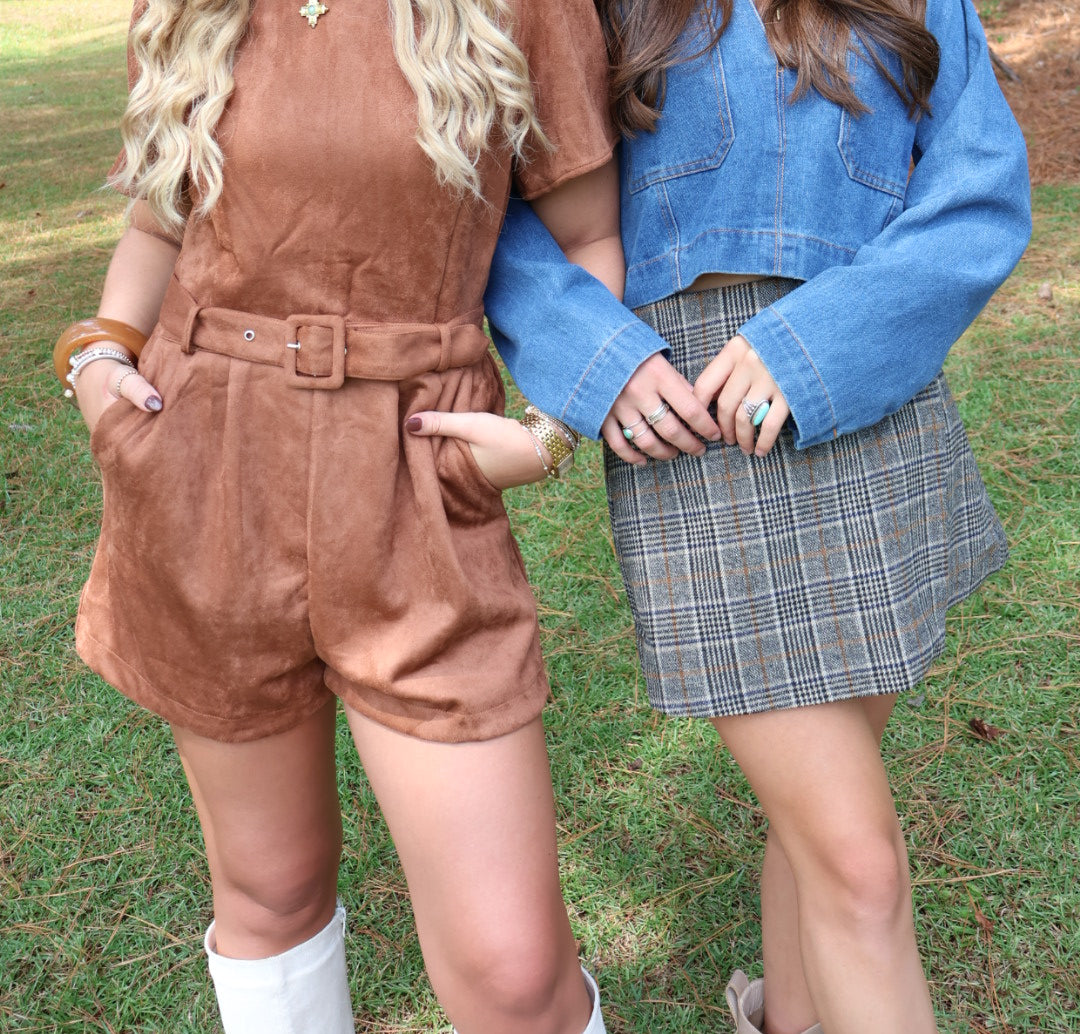 Faux Suede Belted Camel Romper