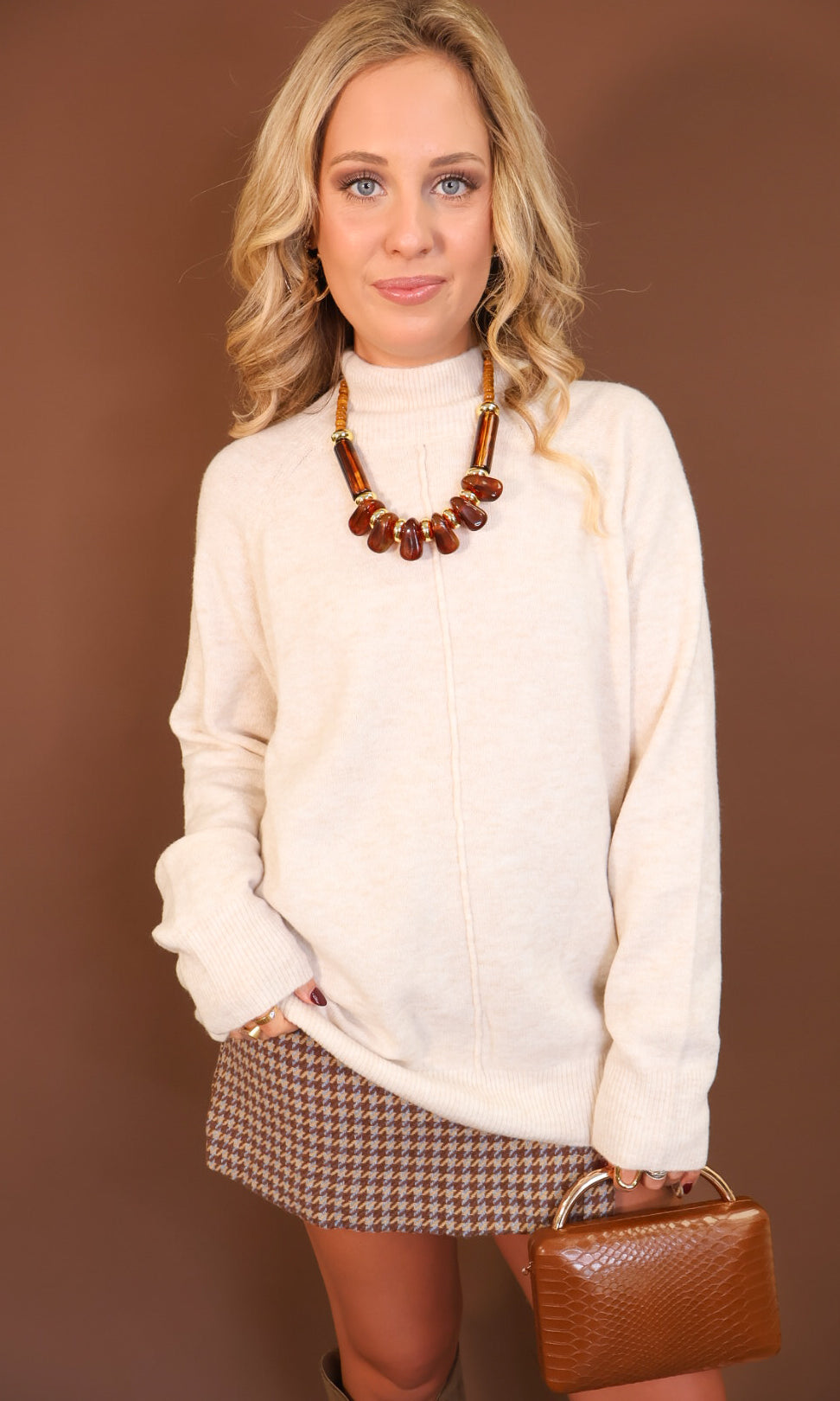 Oatmeal Mock Neck Tunic Sweater — front view.
