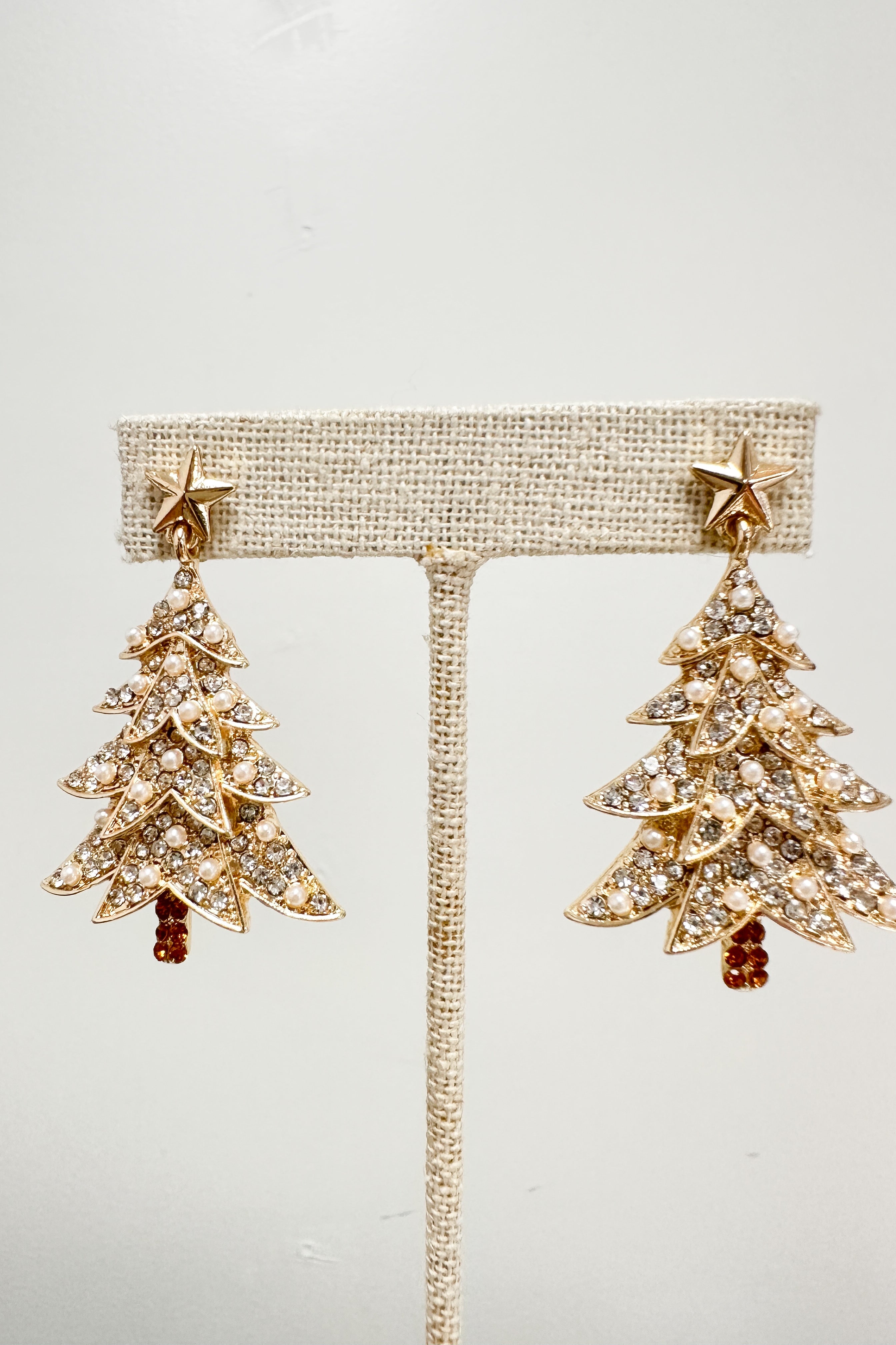 Rhinestone Christmas Tree Earrings — Gold