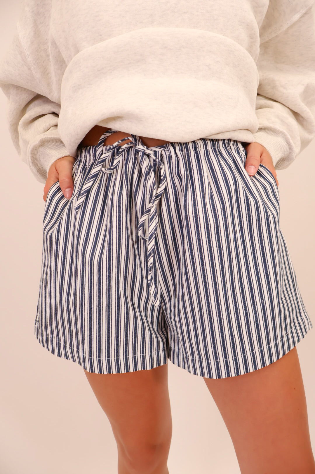 Navy Striped Drawstring Twill Shorts
