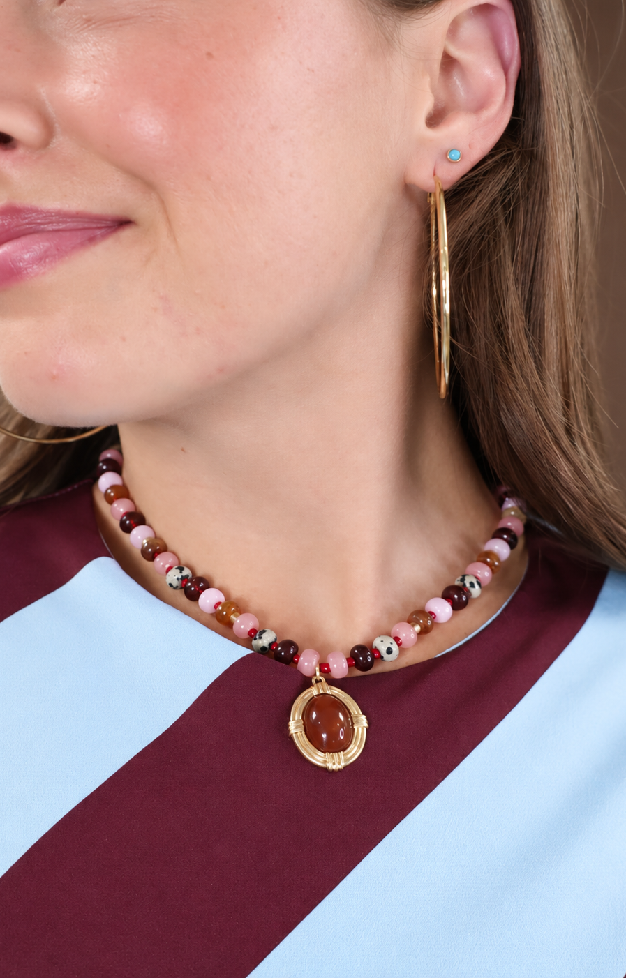 Burgundy Multi Beaded Pendant Necklace