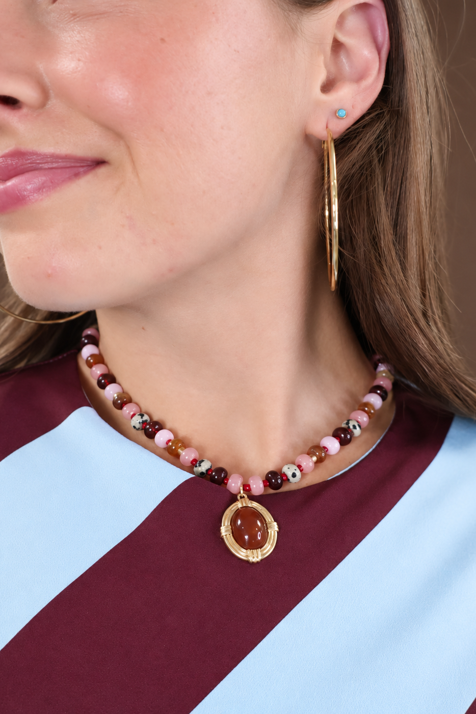 Burgundy Multi Beaded Pendant Necklace