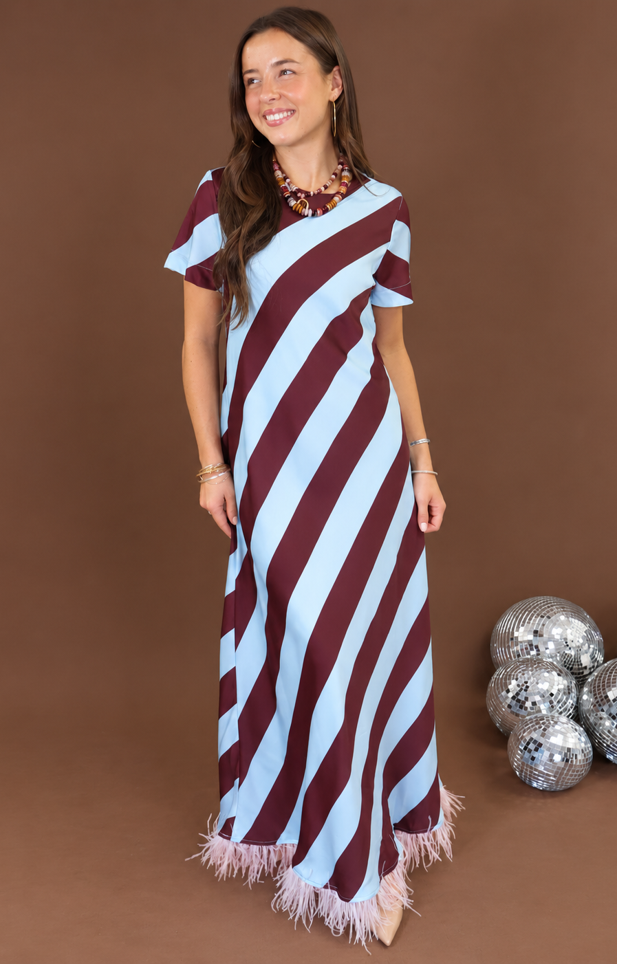 Striped Maxi Dress with Feather Trim Hem