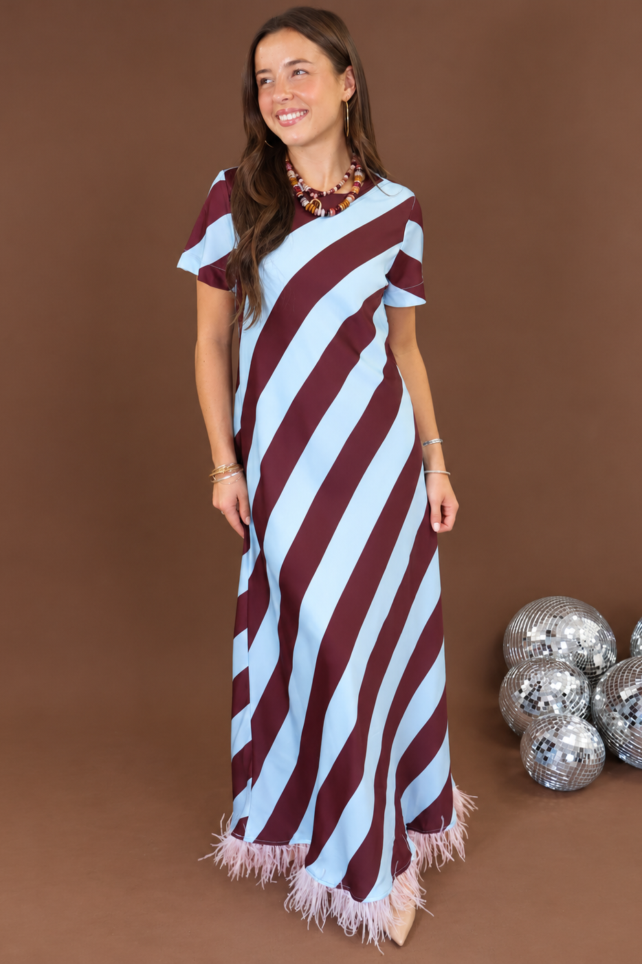 Striped Maxi Dress with Feather Trim Hem