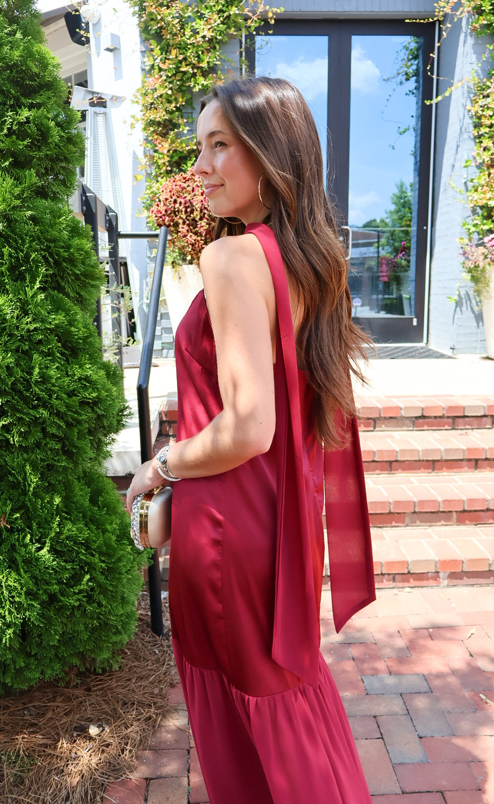 Burgundy satin slip maxi dress with adjustable straps and a detachable neck scarf