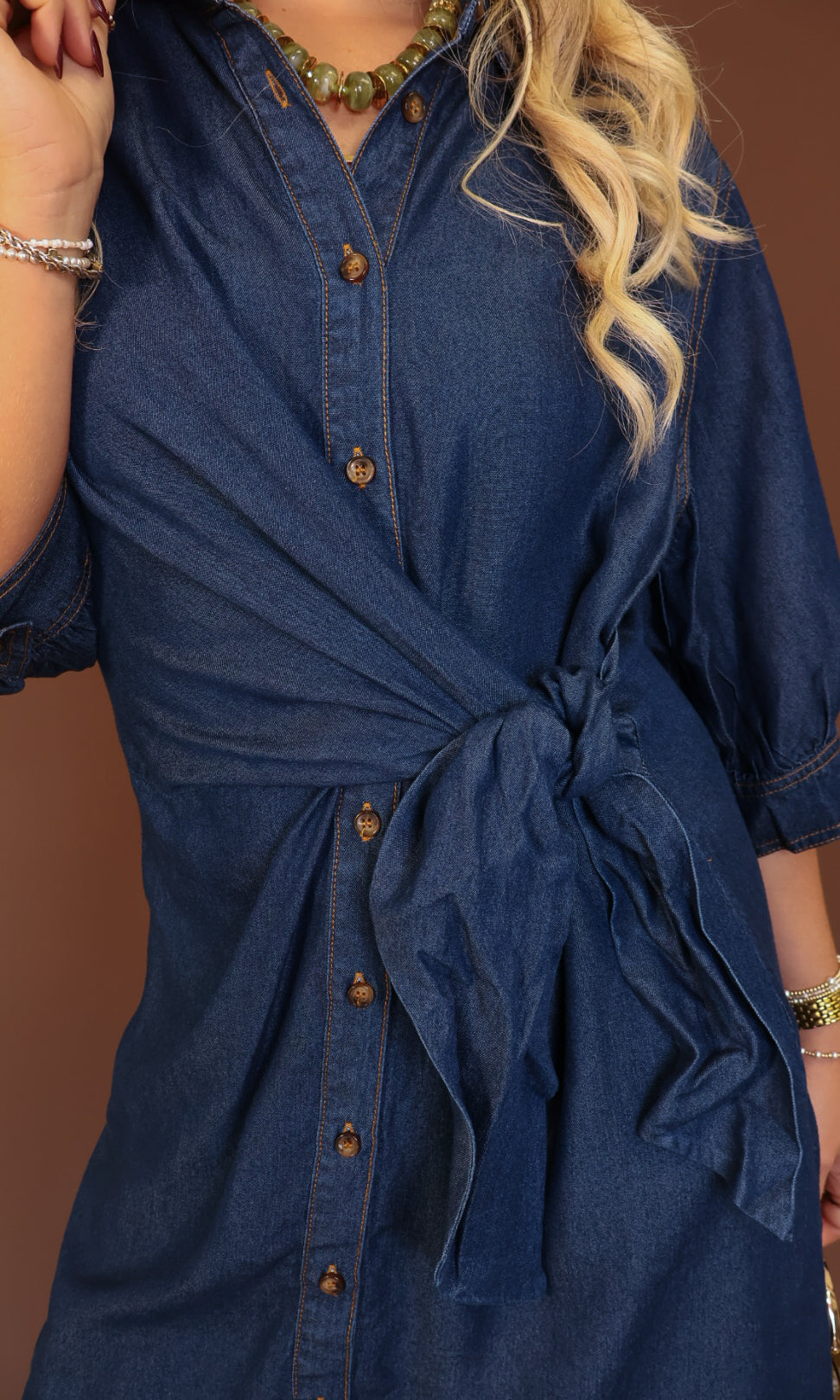 Dark Denim Tie-Front Shirt Dress — close-up of collar and button front.
