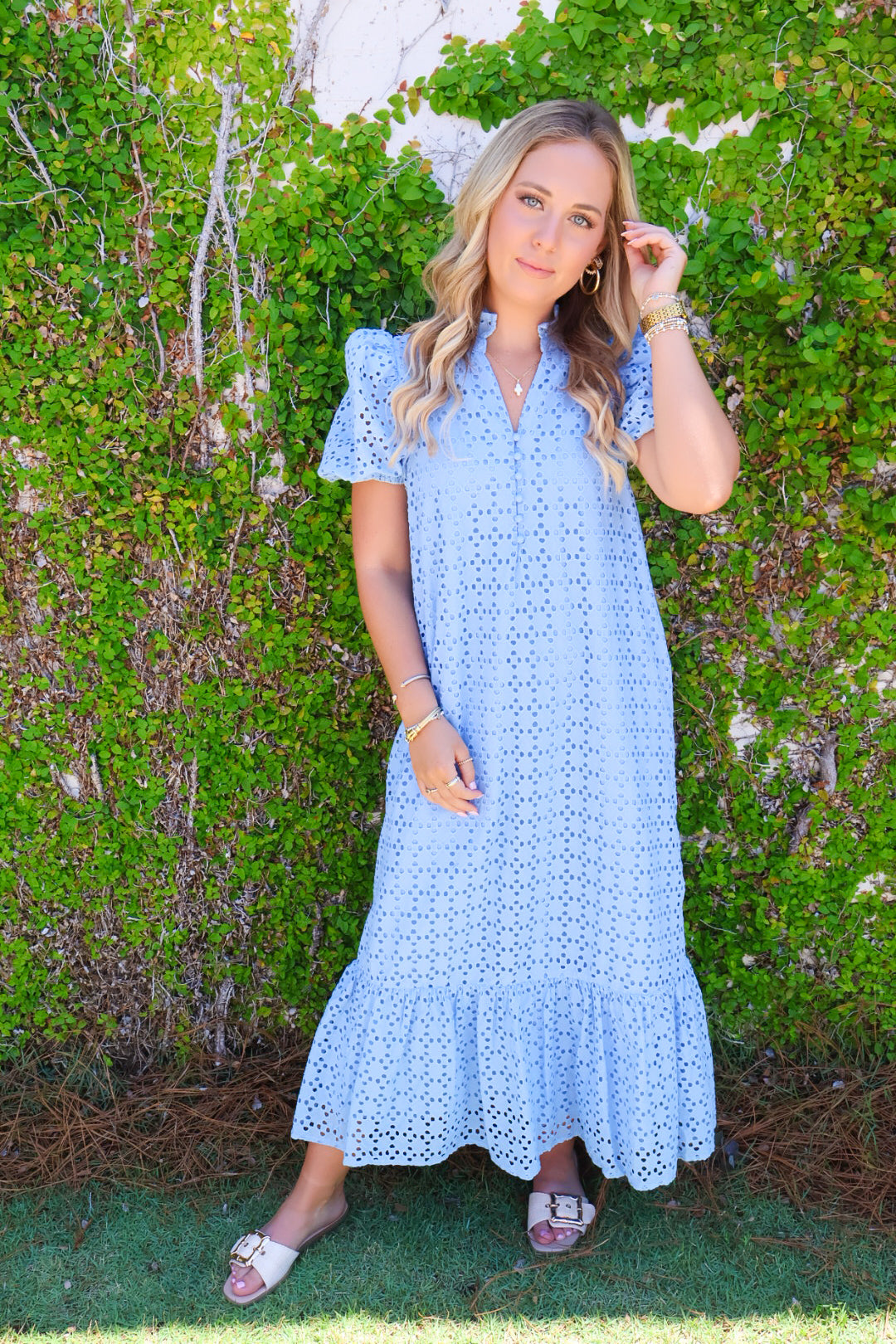 Eyelet Midi Dress - Blue