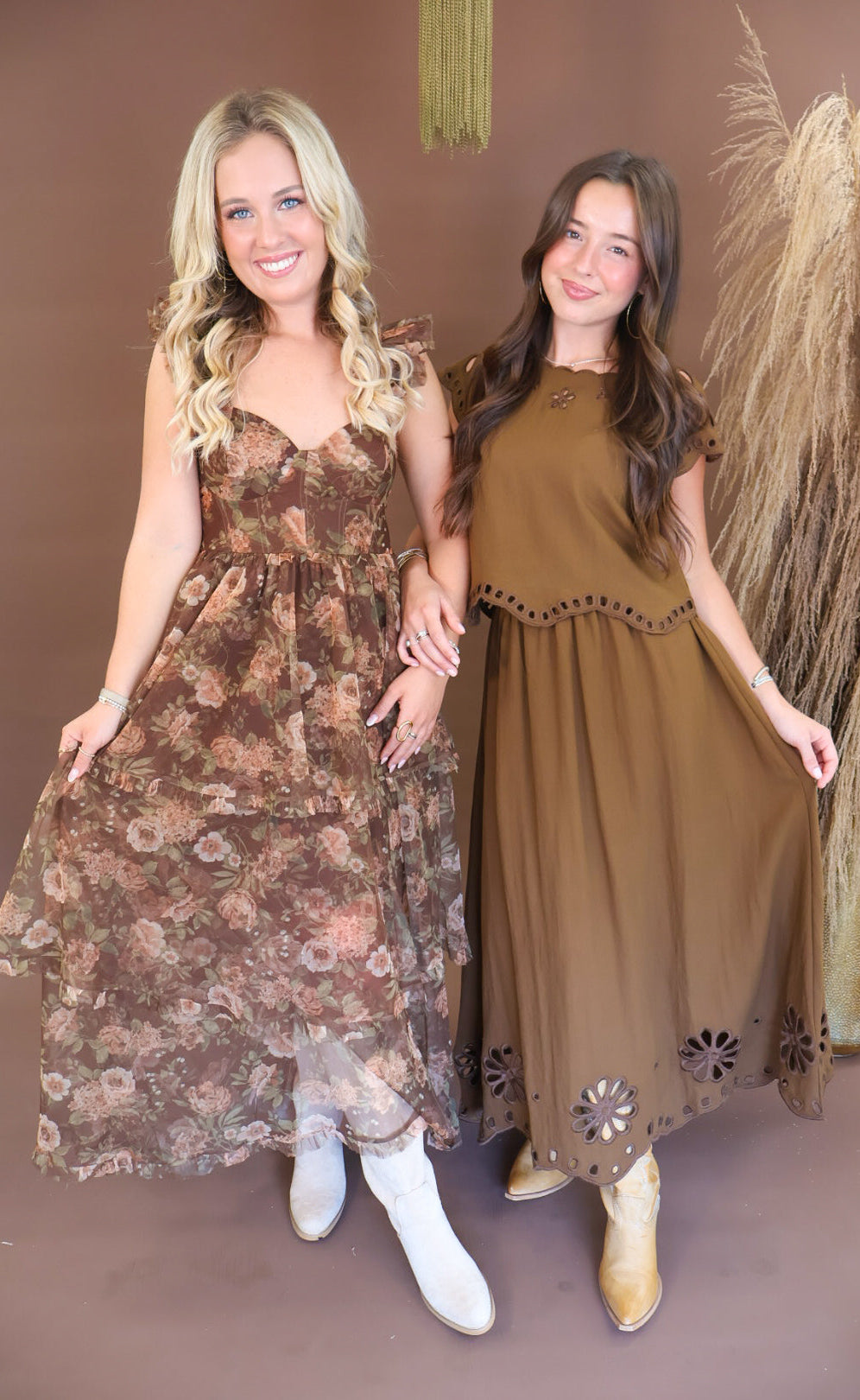 Chocolate eyelet cutout boxy top and skirt set
