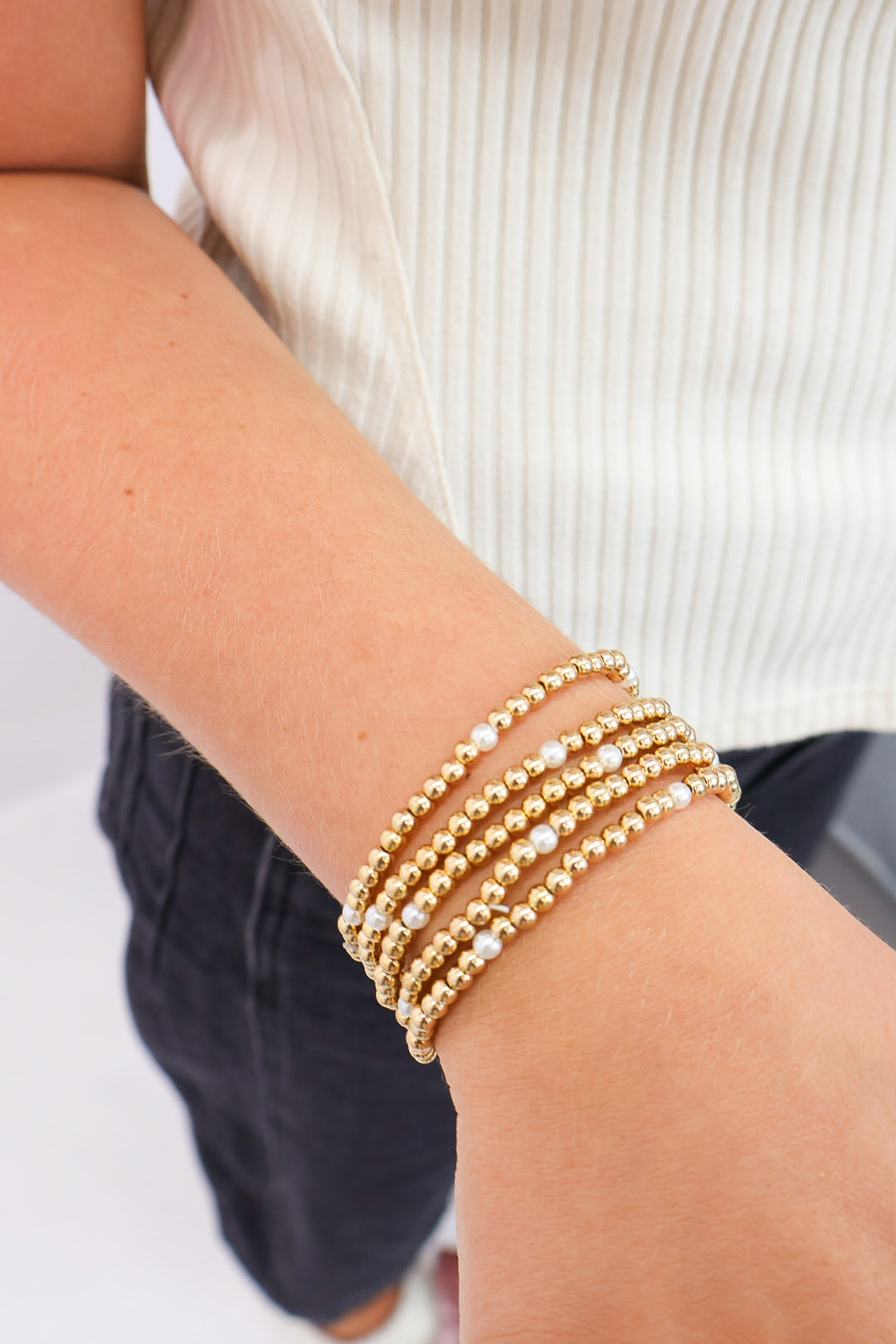 Gold + Pearl Beaded Stretch Bracelet Stack