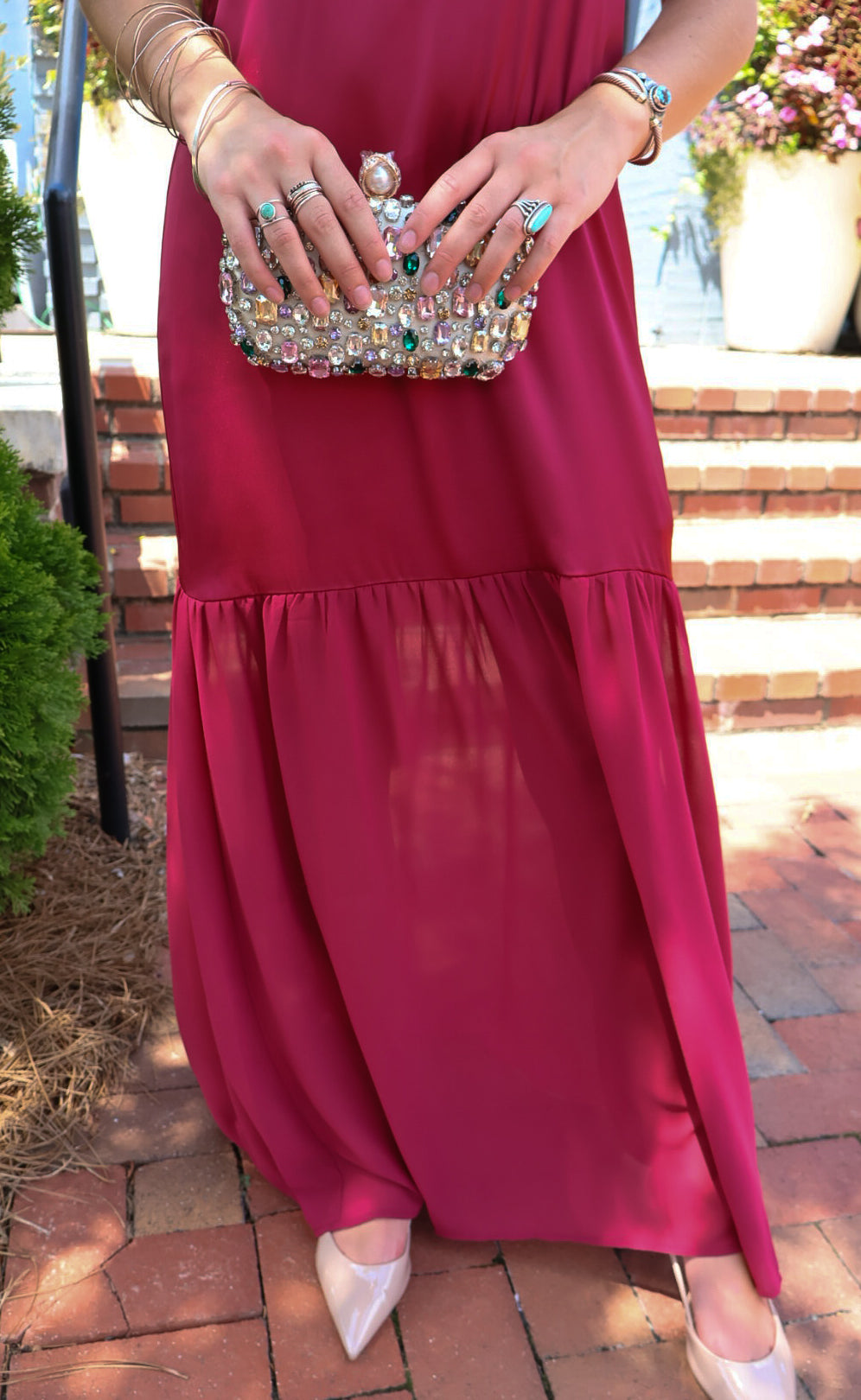 Burgundy satin slip maxi dress with adjustable straps and a detachable neck scarf