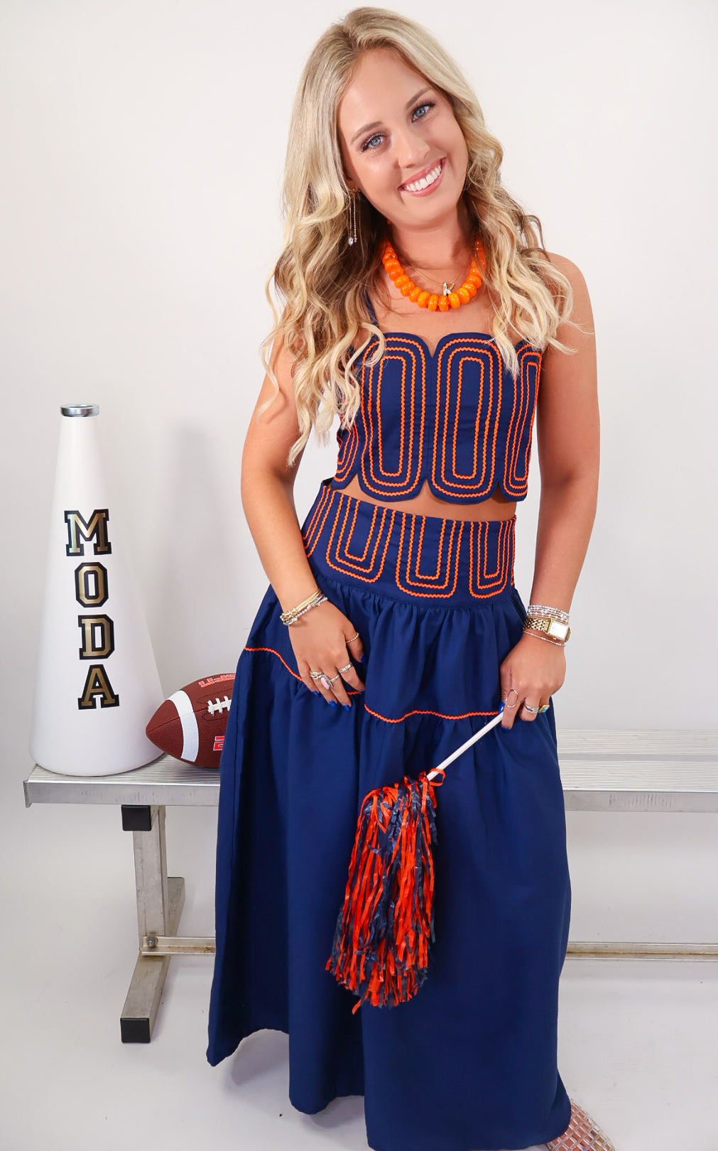 Navy & Orange Trimmed Crop Top & Midi Skirt Set