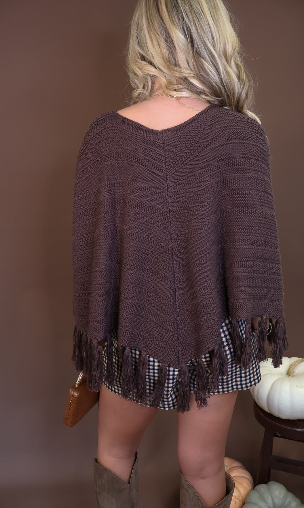 Chocolate Brown Crochet Fringe Poncho Top — back view.