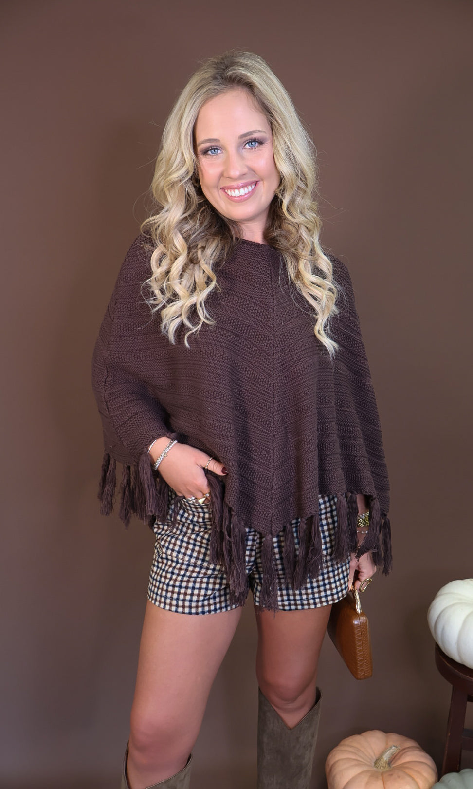 Chocolate Brown Crochet Fringe Poncho Top — front view.