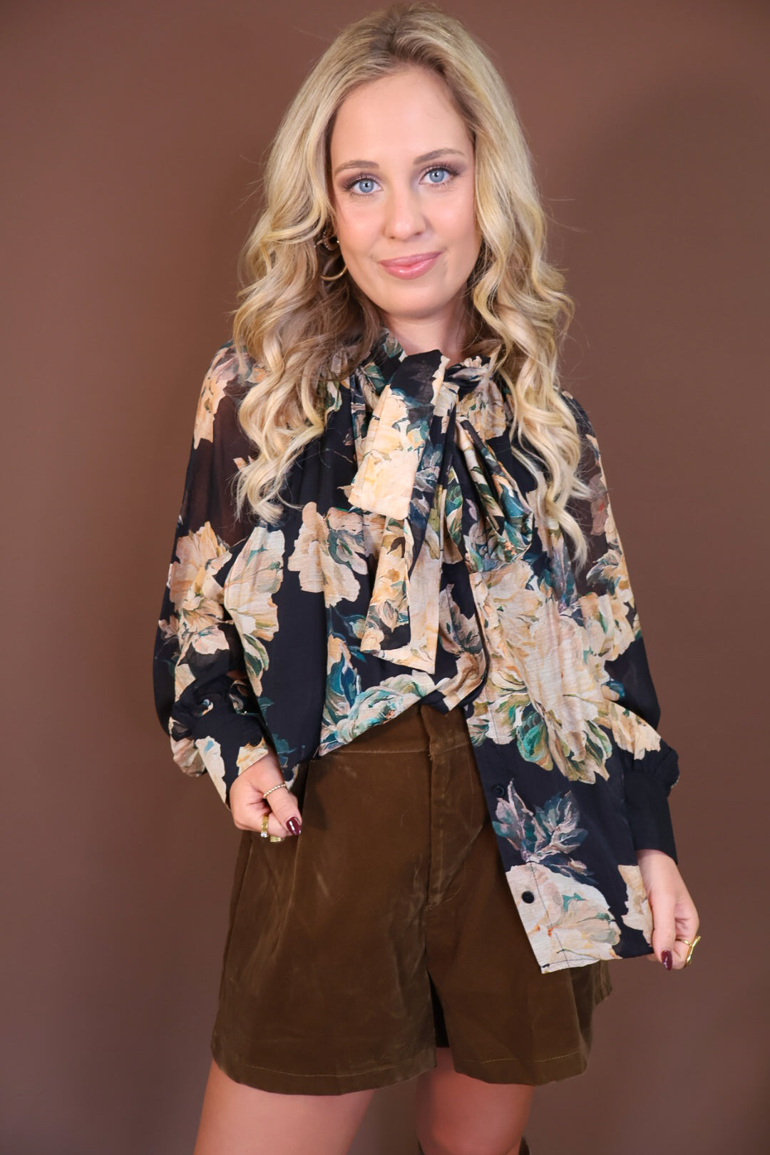Black Floral Tie-Front Blouse — front view.