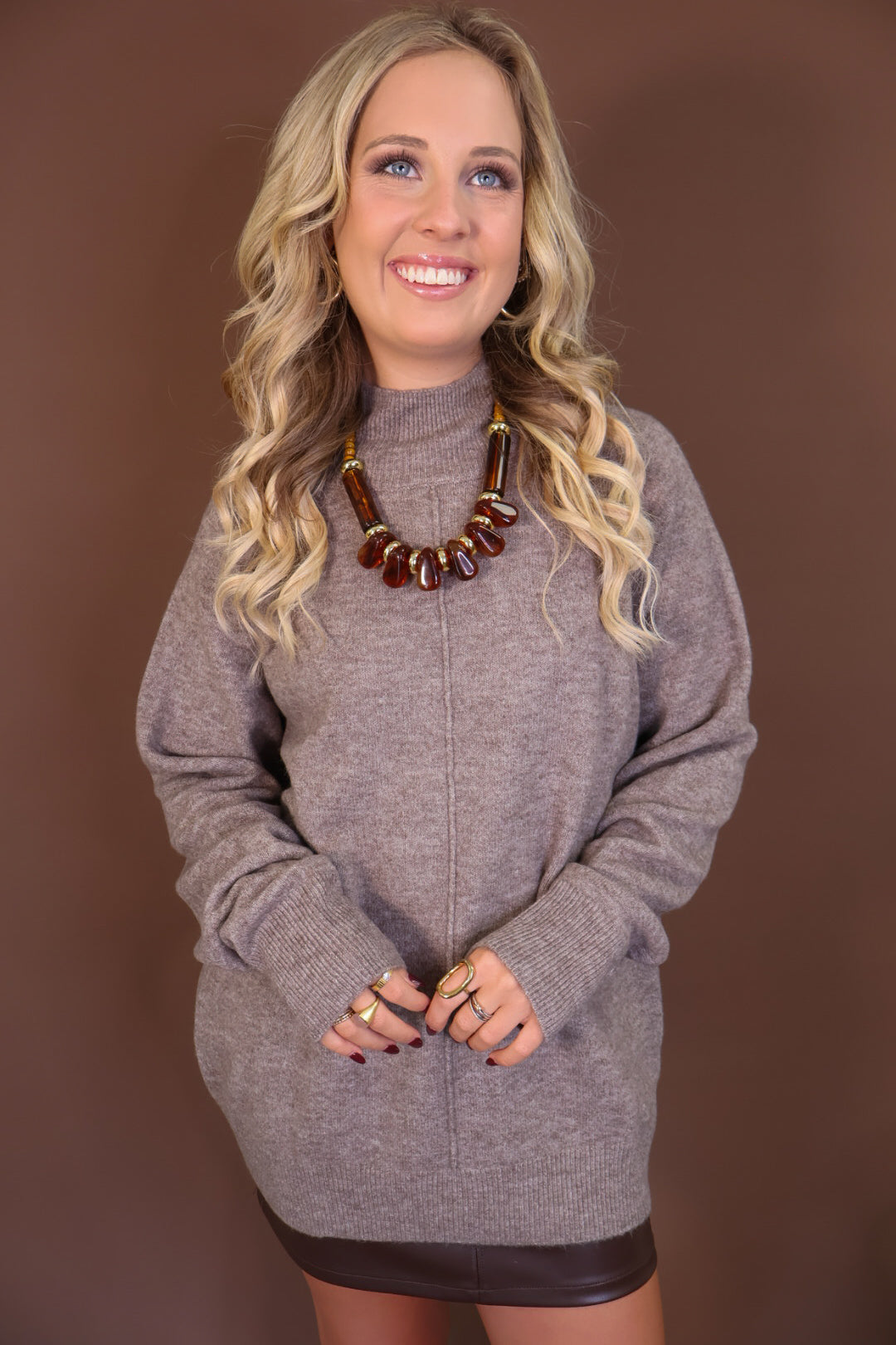 Mocha Mock Neck Tunic Sweater — front view.