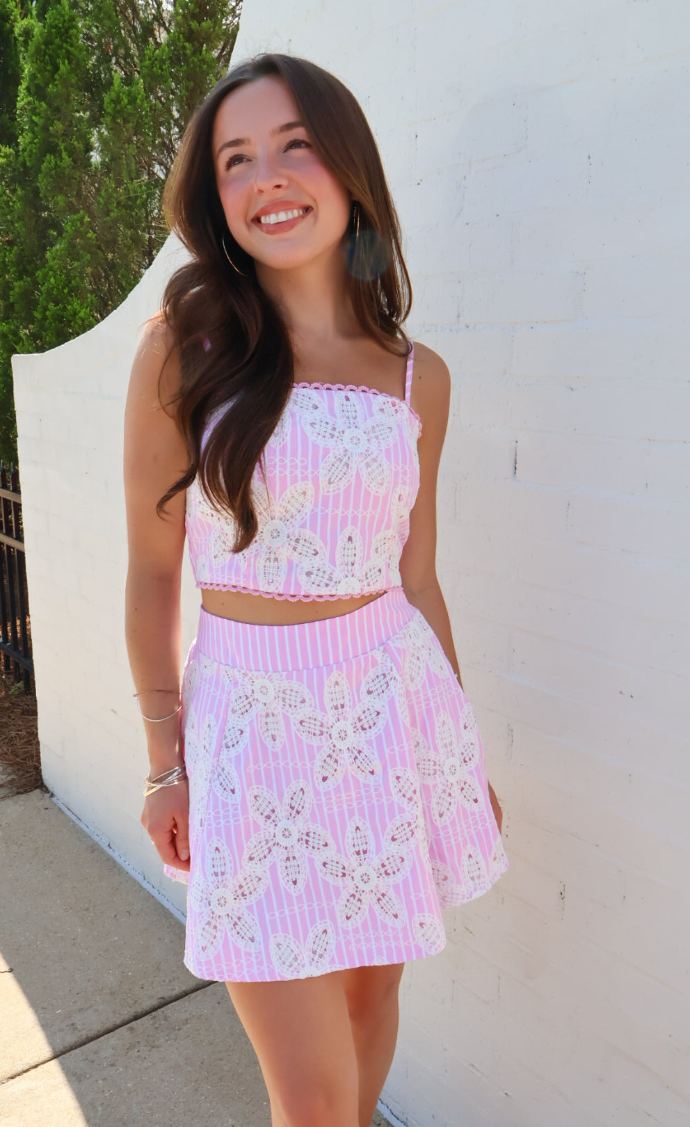 Pink Lace Crop Top and Mini Skirt Set
