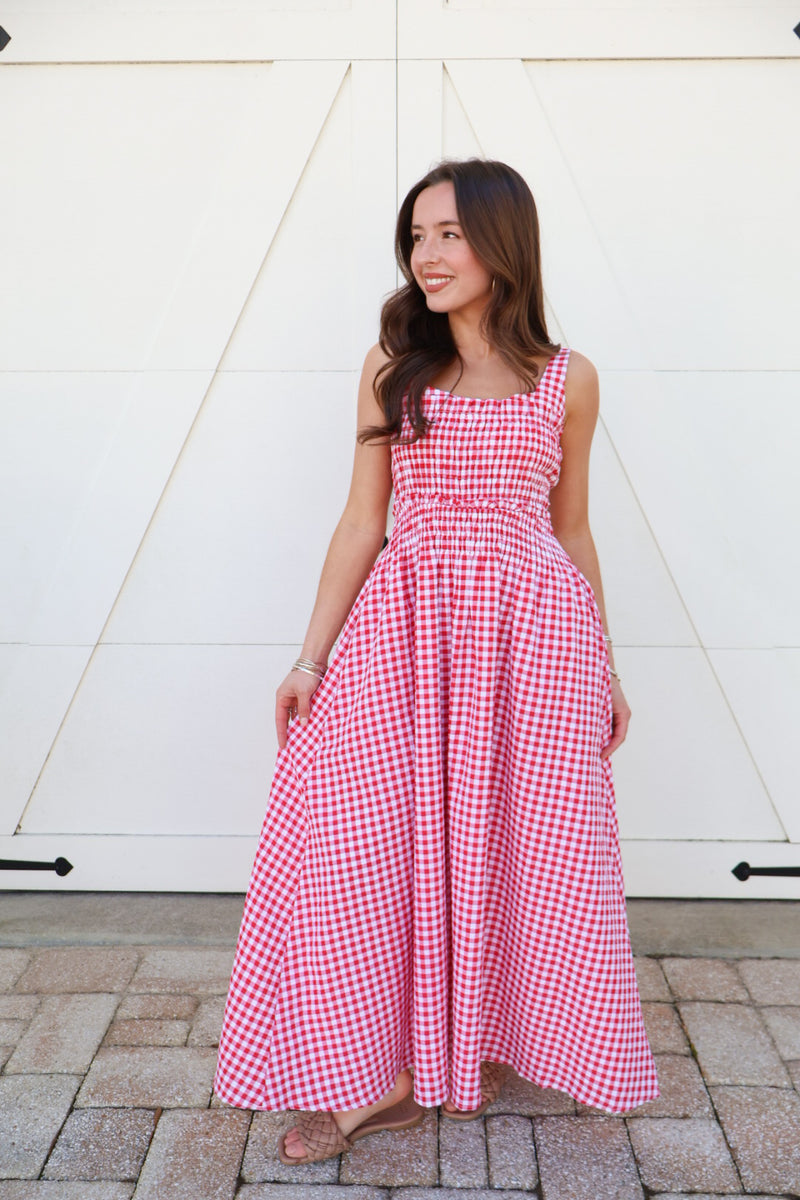 midi red gingham dress Red Gingham Sleeveless Midi Dress - Print Dresses