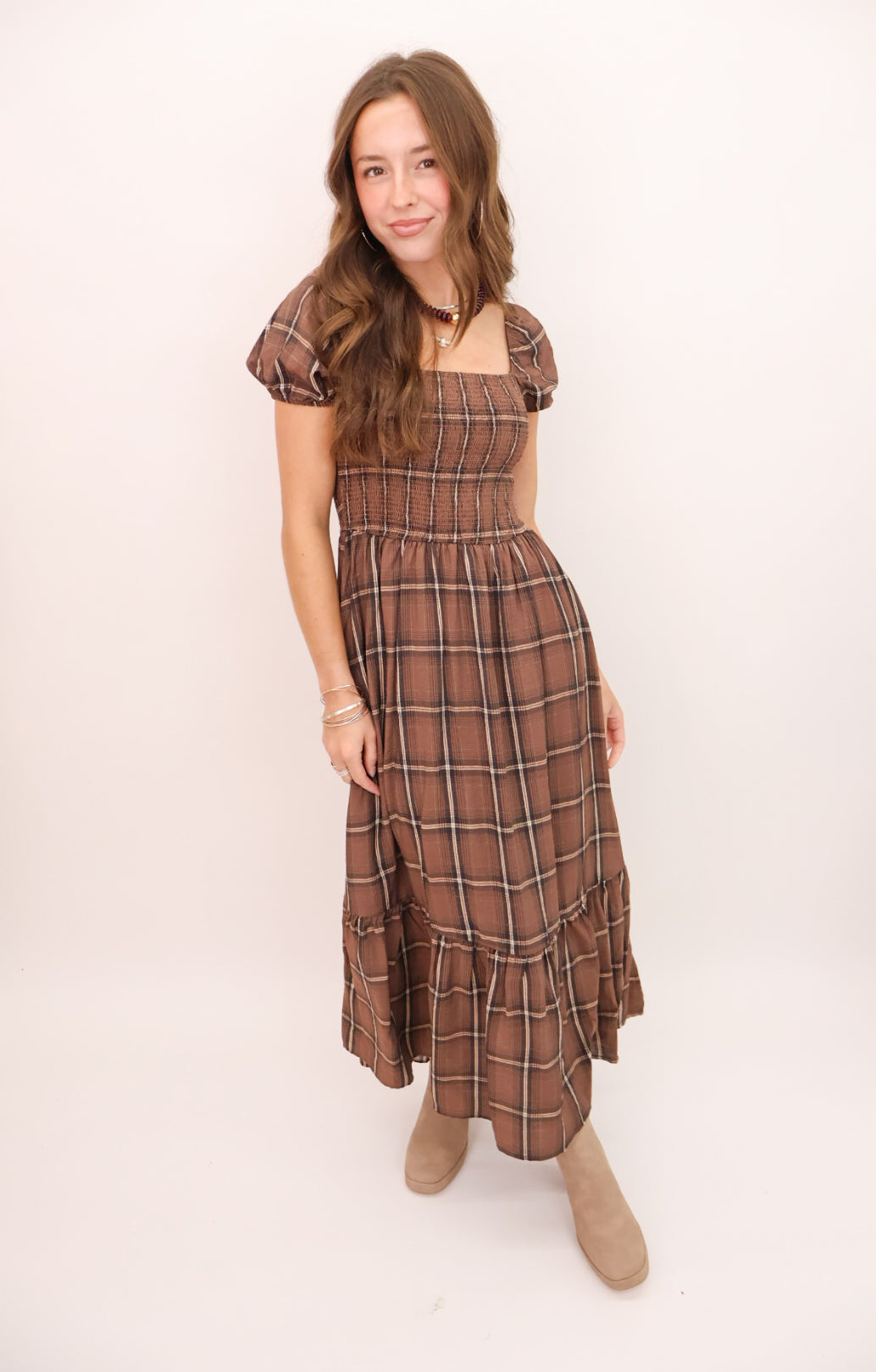 Brown Plaid Midi Dress