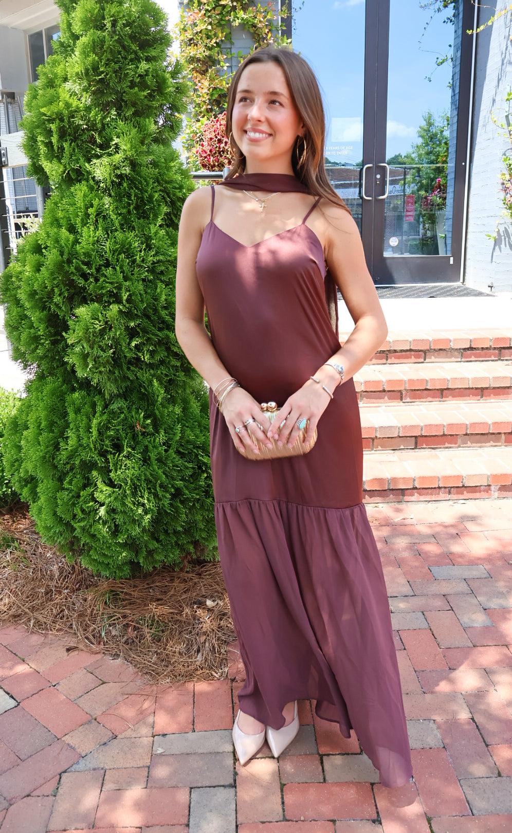 Chocolate brown satin slip maxi dress with adjustable straps and a detachable neck scarf