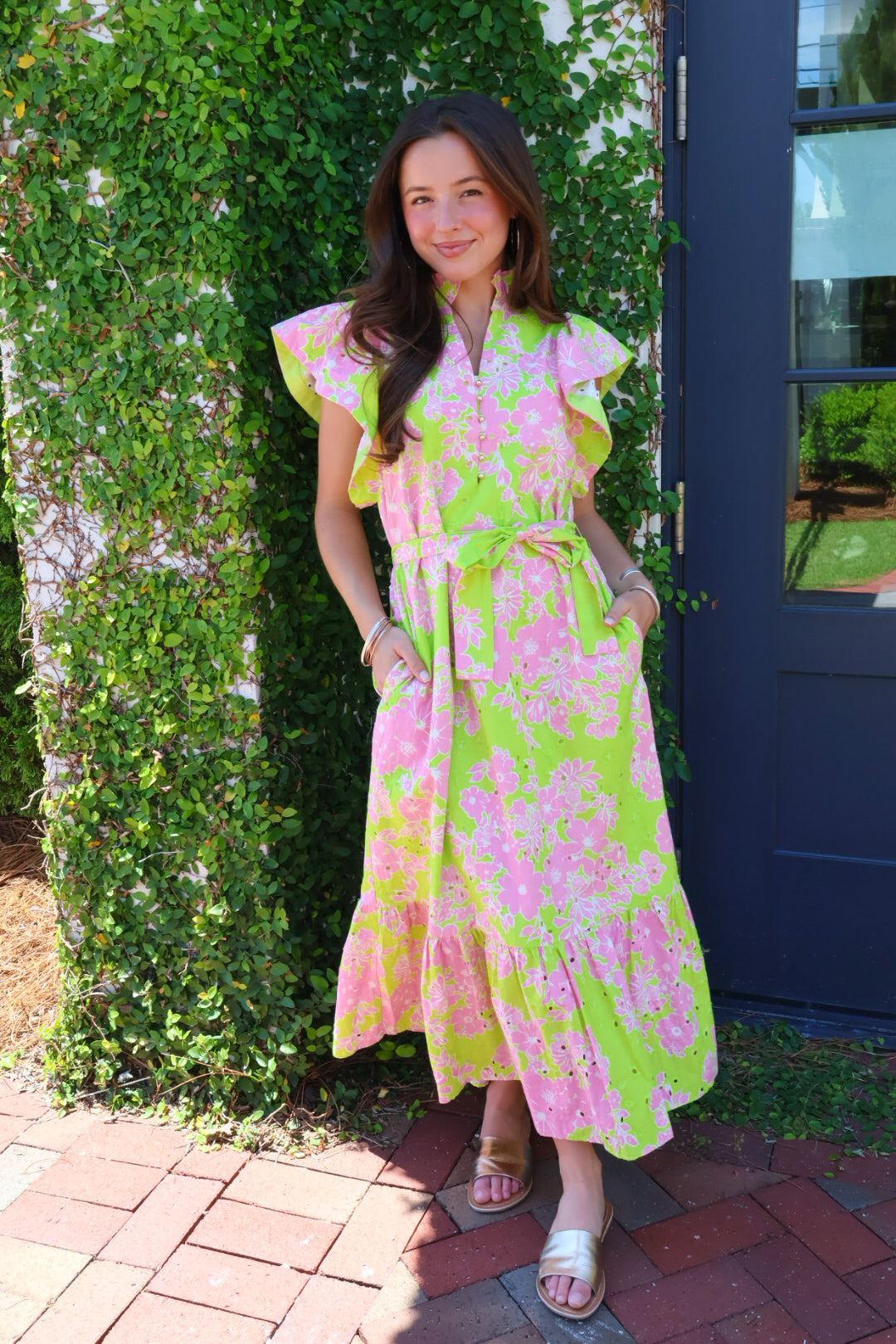 Eyelet Floral Belted Midi Dress - Lime Green