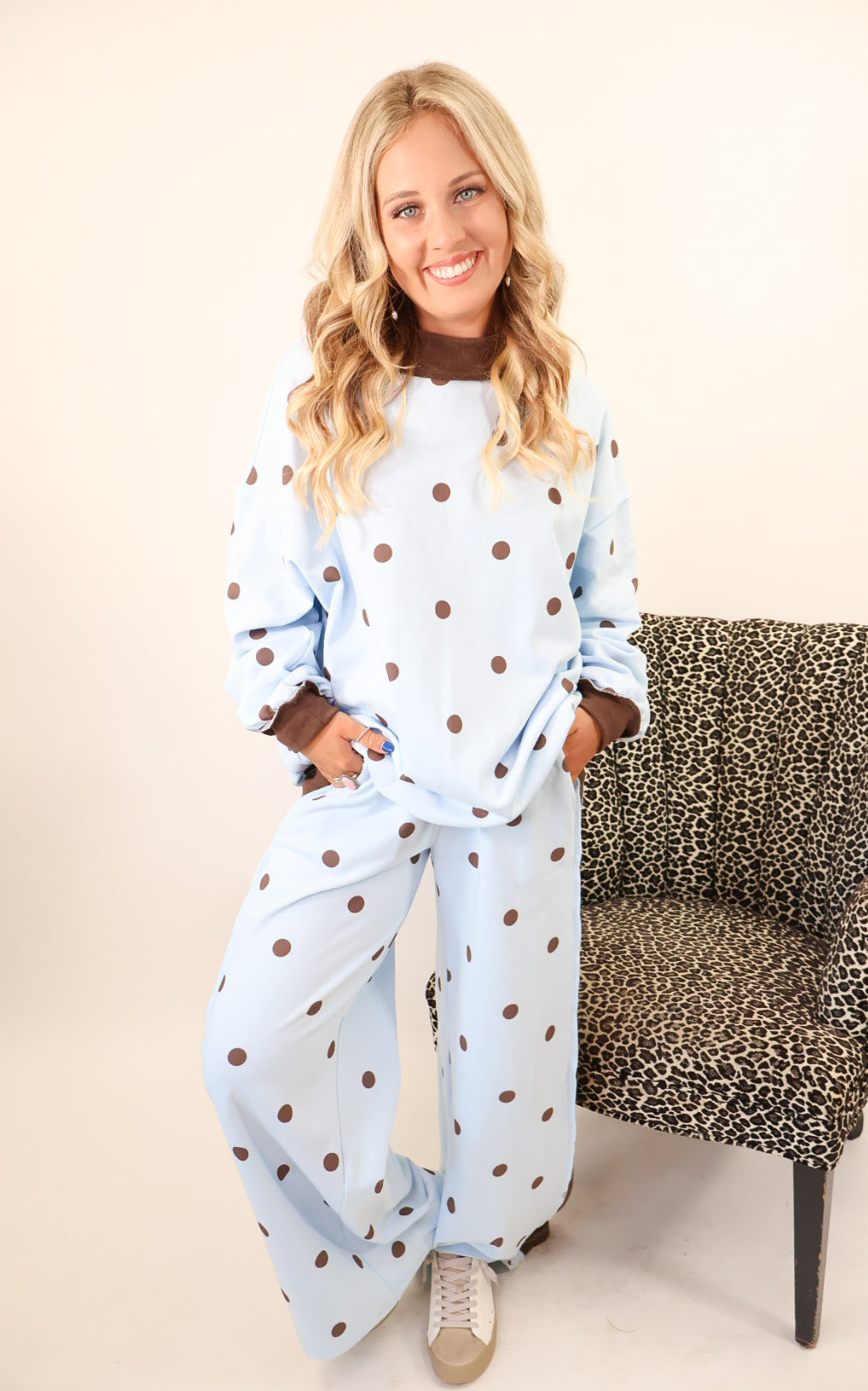 Light Blue + Brown Polka Dot Casual Pants Set
