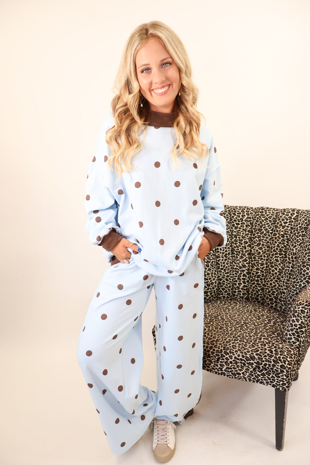 Light Blue + Brown Polka Dot Casual Pants Set