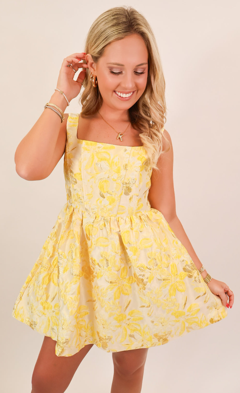 Gilded Bloom Babydoll Mini Dress