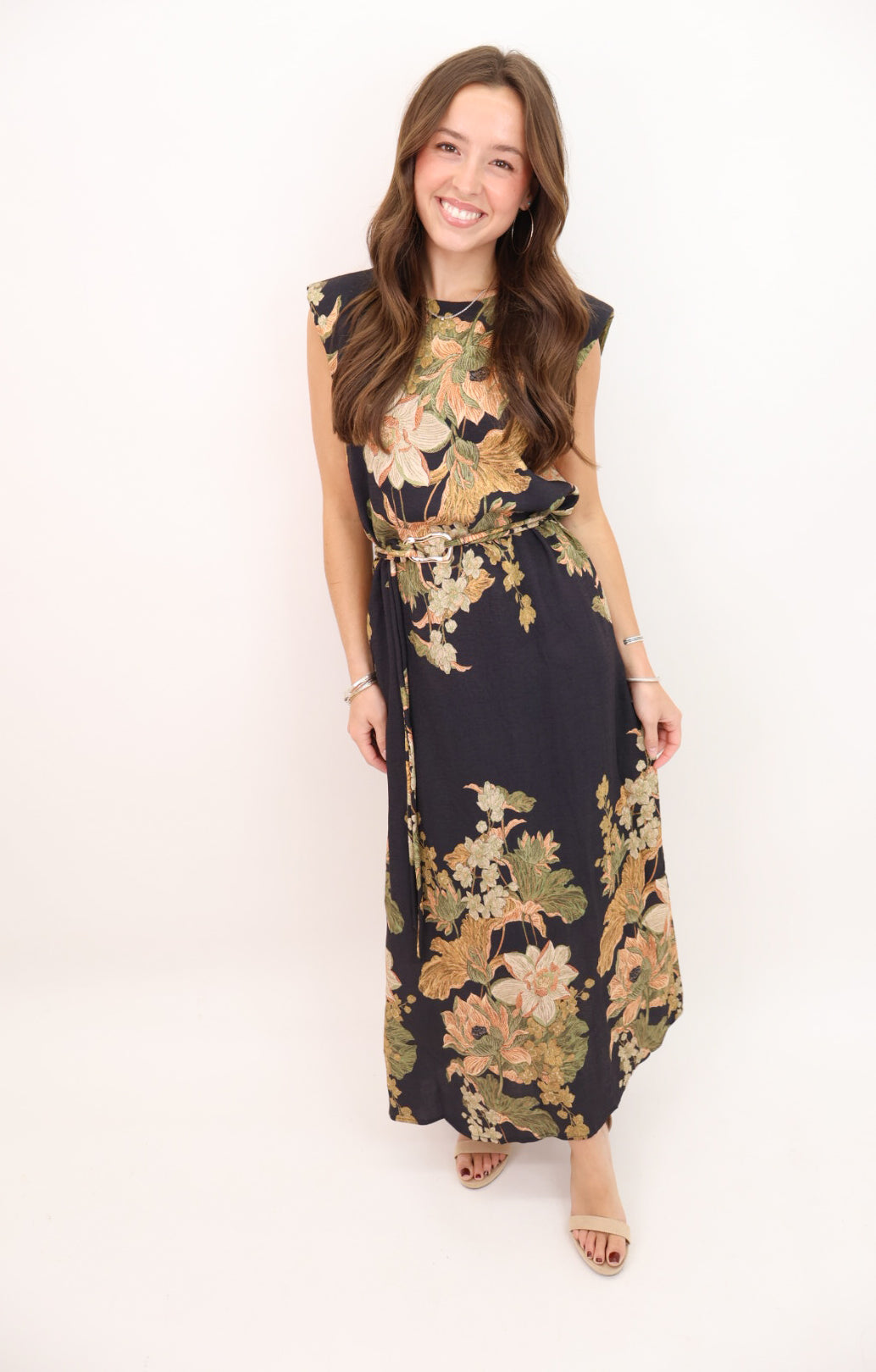 Black Floral Belted Midi Dress
