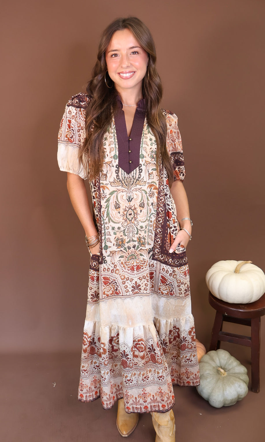 Boho Print Short Sleeve Midi Dress — full front view.