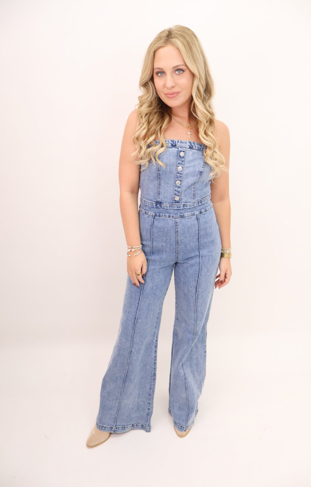Strapless Denim Wide Leg Jumpsuit